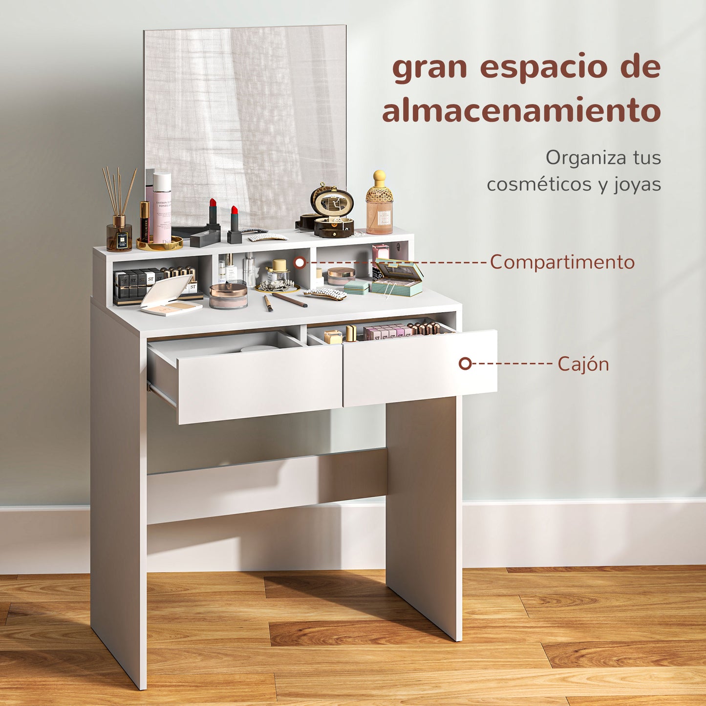 HOMCOM Tocador de Maquillaje con Espejo Mesa de Maquillaje con 2 Cajones 3 Compartimentos Tocador para Dormitorio 75x38x135 cm Blanco