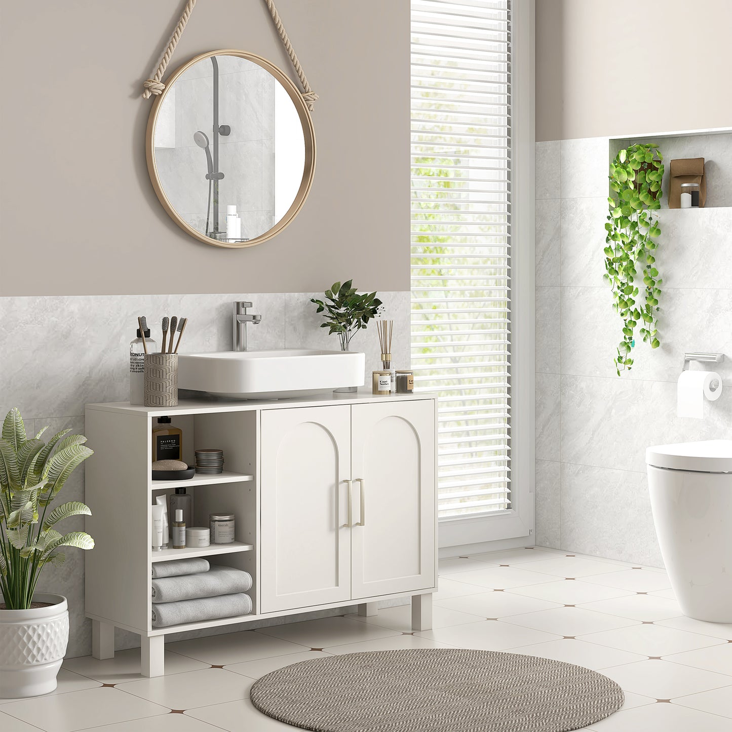 HOMCOM Mueble bajo Lavabo Mueble de Lavabo con Pie Mueble de Baño Moderno con 2 Puertas y Estantes Ajustables 90x30x63 cm Crema