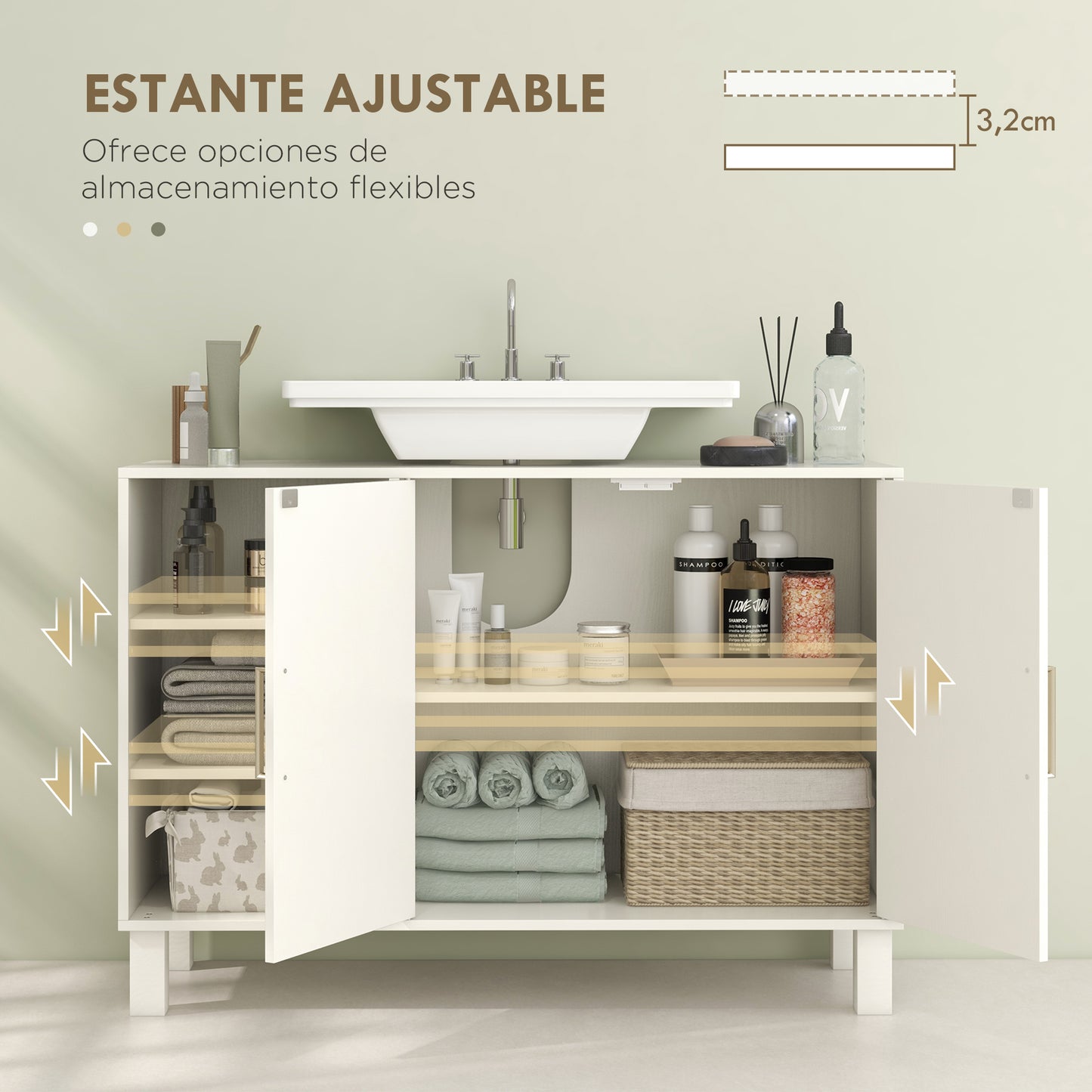 HOMCOM Mueble bajo Lavabo Mueble de Lavabo con Pie Mueble de Baño Moderno con 2 Puertas y Estantes Ajustables 90x30x63 cm Crema