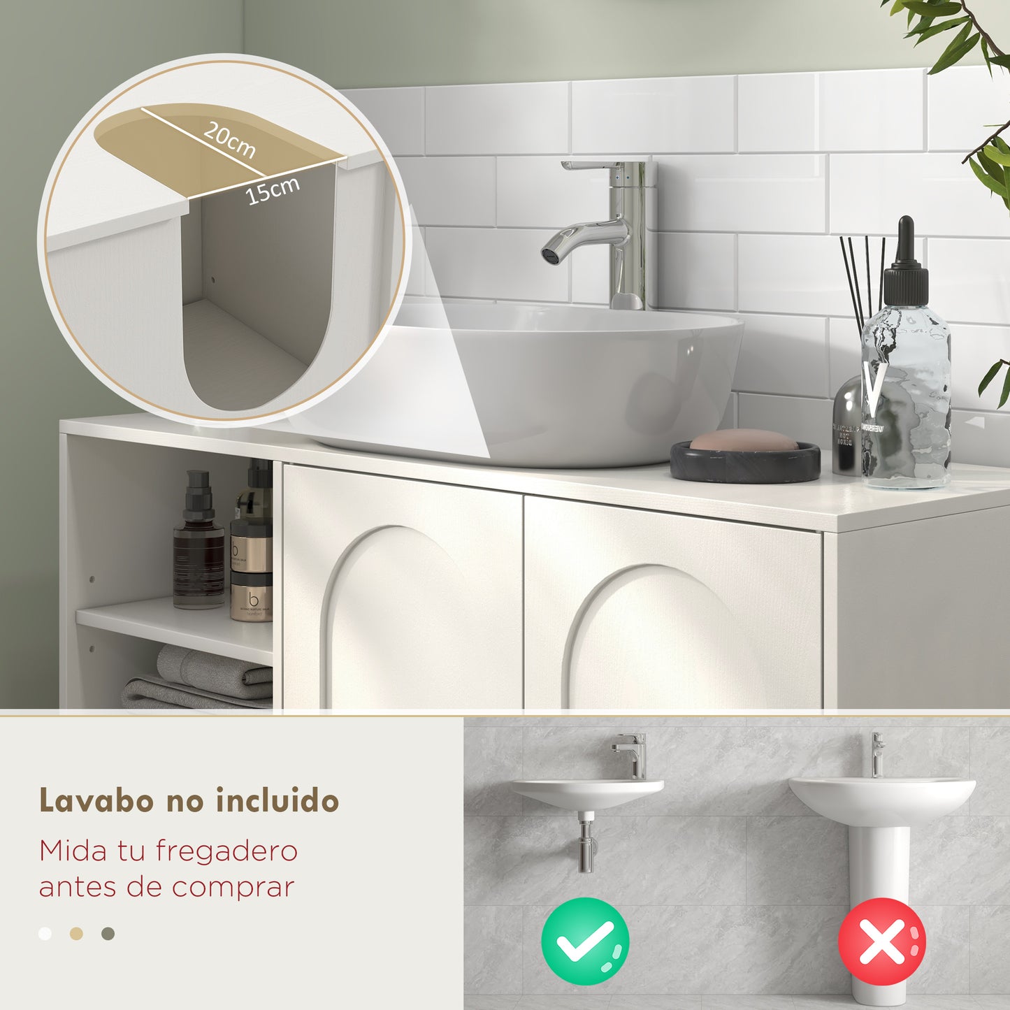 HOMCOM Mueble bajo Lavabo Mueble de Lavabo con Pie Mueble de Baño Moderno con 2 Puertas y Estantes Ajustables 90x30x63 cm Crema