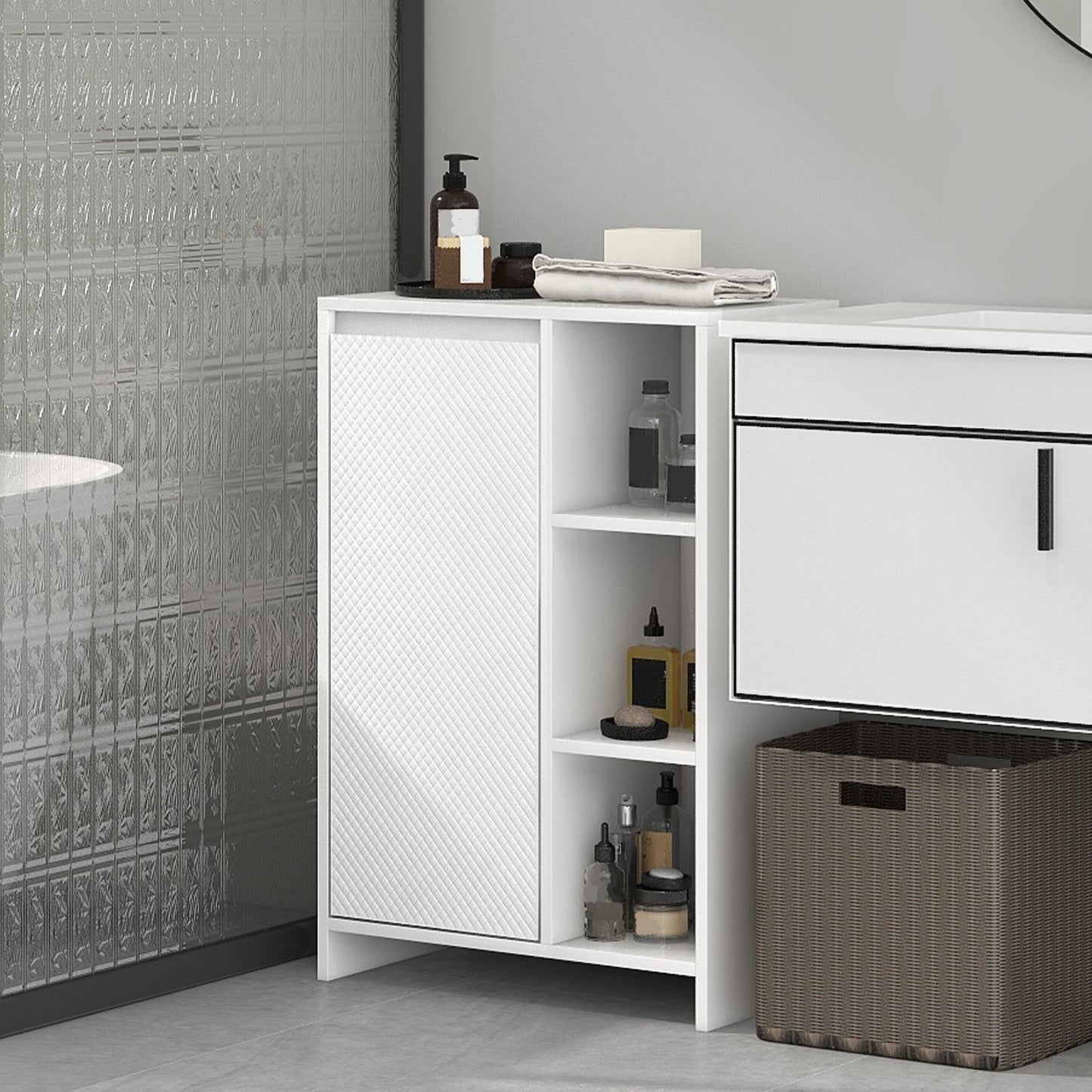 HOMCOM Armario Alto de Baño Columna Auxiliar de Baño Armario de Baño con Puerta 3 Estantes Abiertos Antivuelco Estilo Moderno 53x30x80 cm Blanco