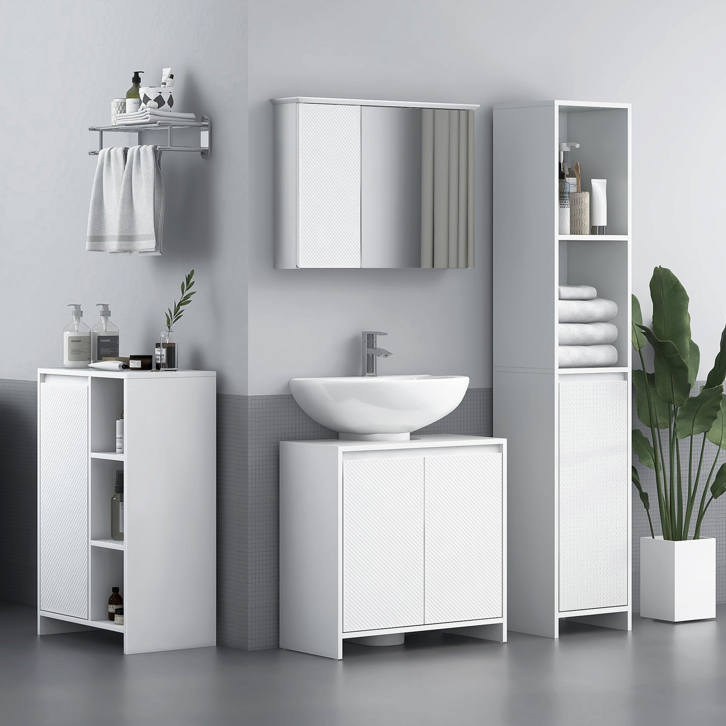 HOMCOM Armario Alto de Baño Columna Auxiliar de Baño Armario de Baño con Puerta 3 Estantes Abiertos Antivuelco Estilo Moderno 53x30x80 cm Blanco