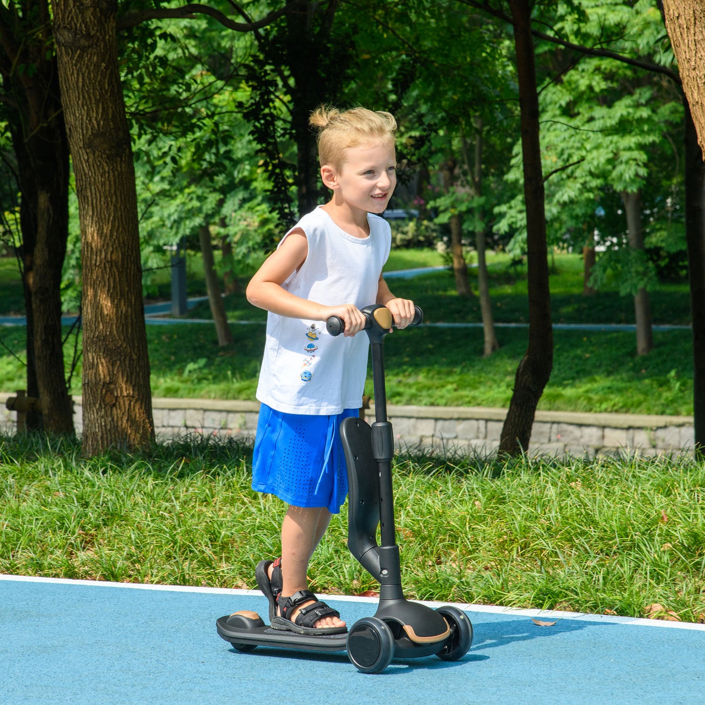 AIYAPLAY Patinete para Niños 2 en 1 Patinete Infantil Asiento Plegable con Altura Ajustable 3 Ruedas Brillantes para +18 Meses Carga 50 kg 58x31x64-79 cm Negro