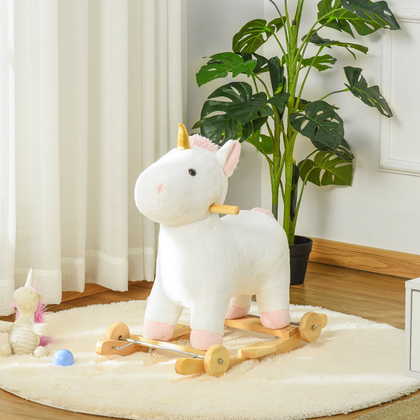 HOMCOM Caballito Balancín Infantil en Forma de Unicornio para Niños de +3 Años Balancín de Felpa 2 en 1 con Ruedas y Sonidos 63x38x63 cm Blanco