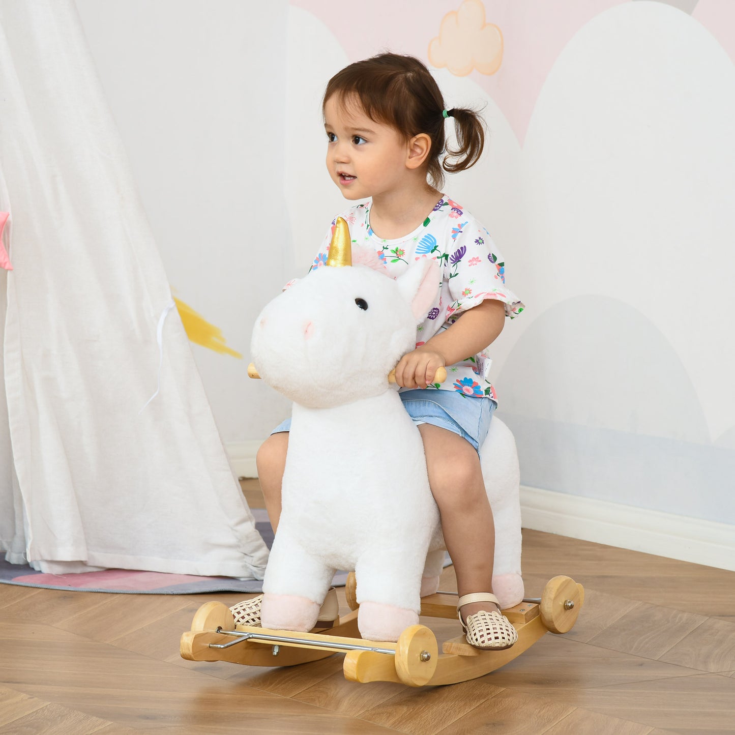 HOMCOM Caballito Balancín Infantil en Forma de Unicornio para Niños de +3 Años Balancín de Felpa 2 en 1 con Ruedas y Sonidos 63x38x63 cm Blanco