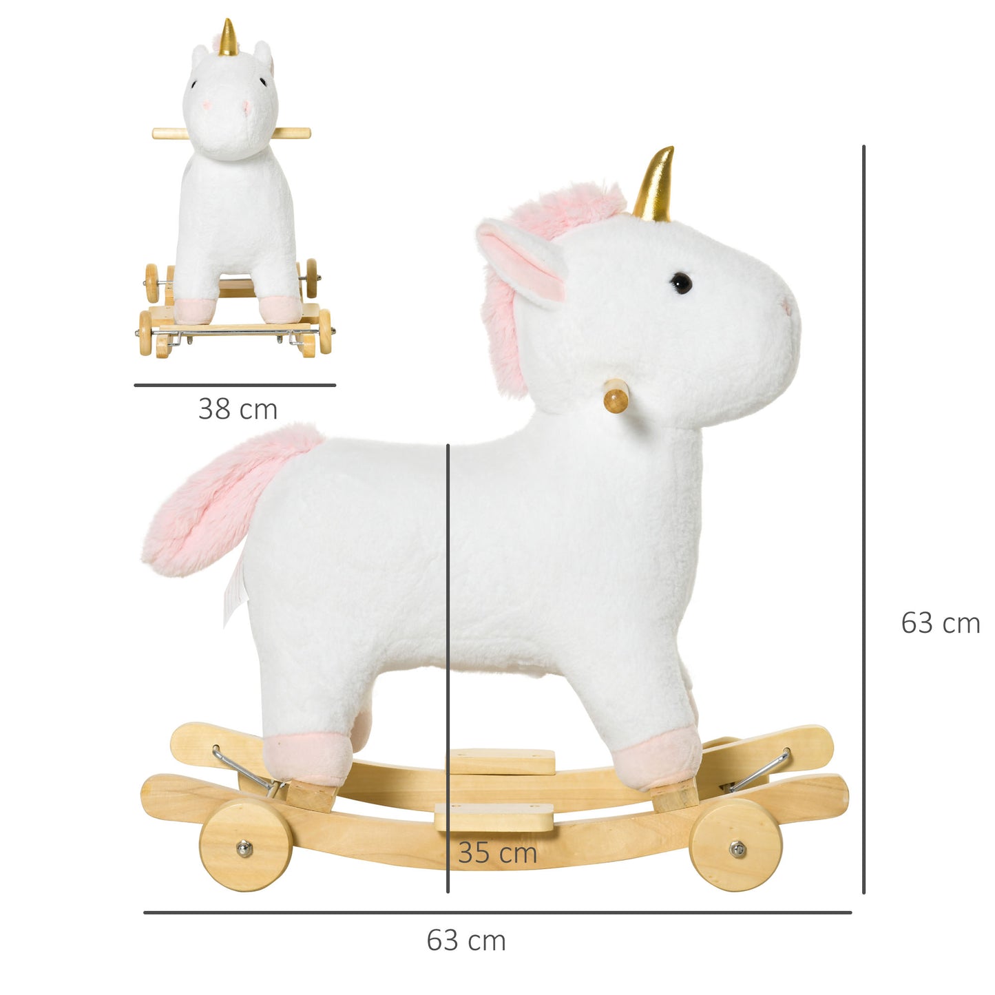 HOMCOM Caballito Balancín Infantil en Forma de Unicornio para Niños de +3 Años Balancín de Felpa 2 en 1 con Ruedas y Sonidos 63x38x63 cm Blanco