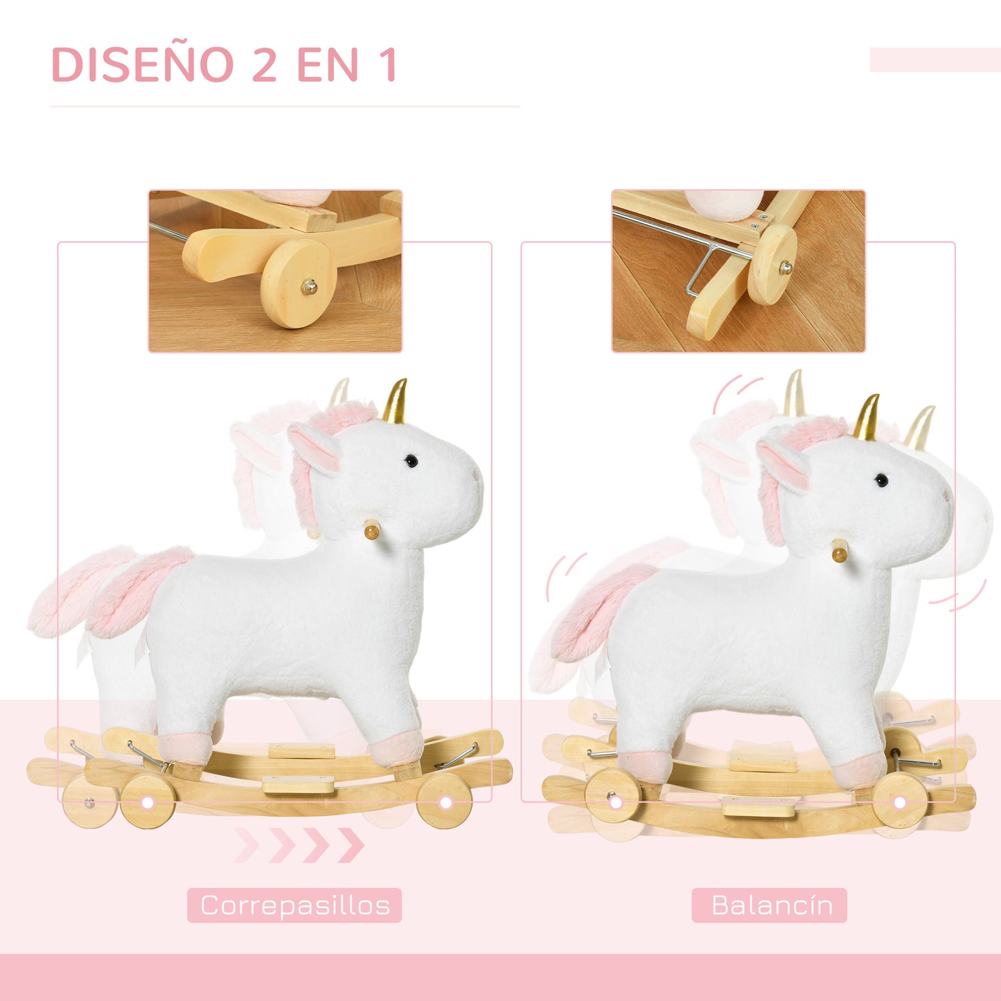 HOMCOM Caballito Balancín Infantil en Forma de Unicornio para Niños de +3 Años Balancín de Felpa 2 en 1 con Ruedas y Sonidos 63x38x63 cm Blanco