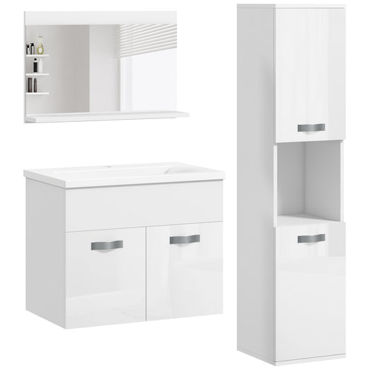 kleankin Muebles de Baño con Lavabo y Espejo Columna de Baño Conjunto de Muebles de Baño de Pared de 3 Piezas Estilo Moderno Blanco