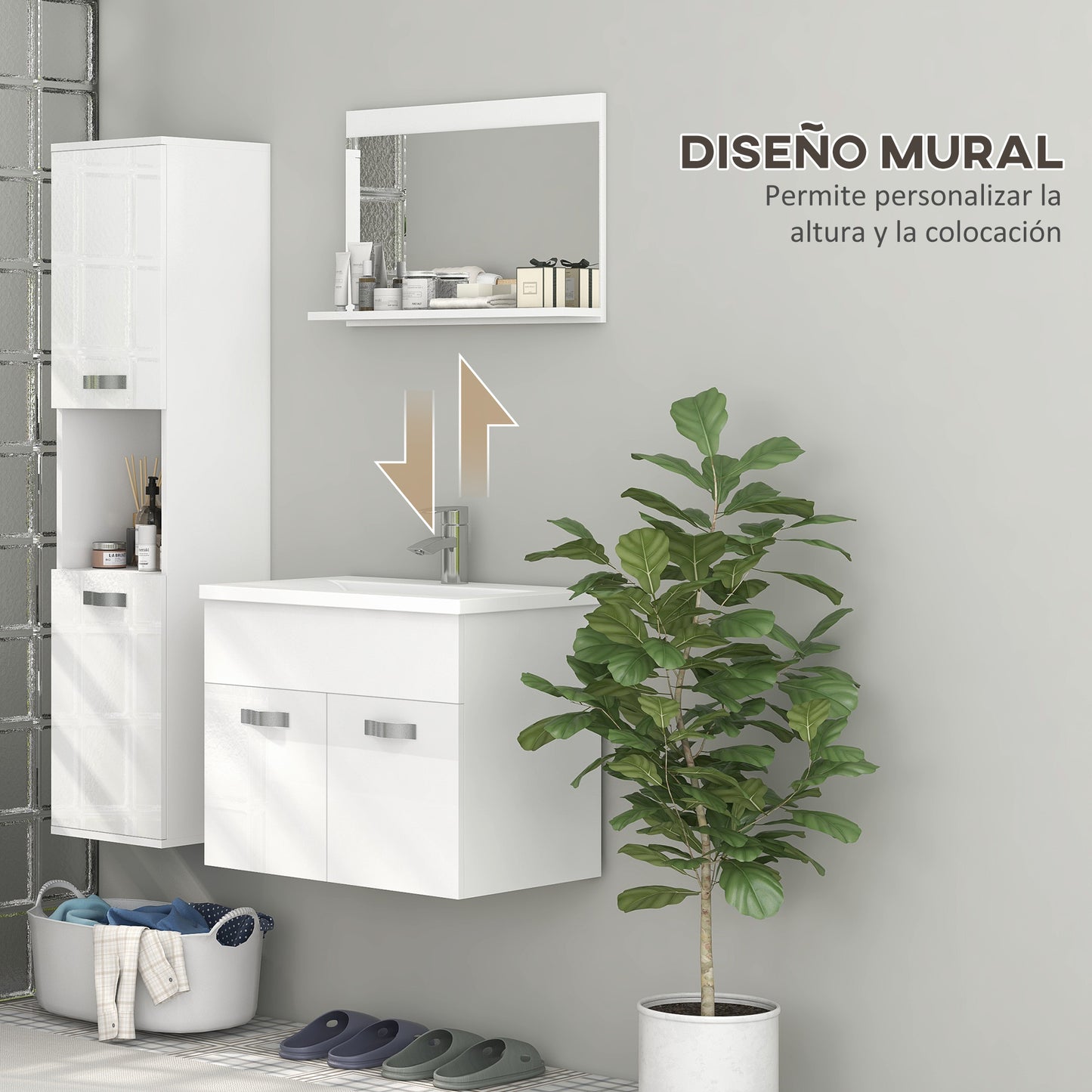 kleankin Muebles de Baño con Lavabo y Espejo Columna de Baño Conjunto de Muebles de Baño de Pared de 3 Piezas Estilo Moderno Blanco