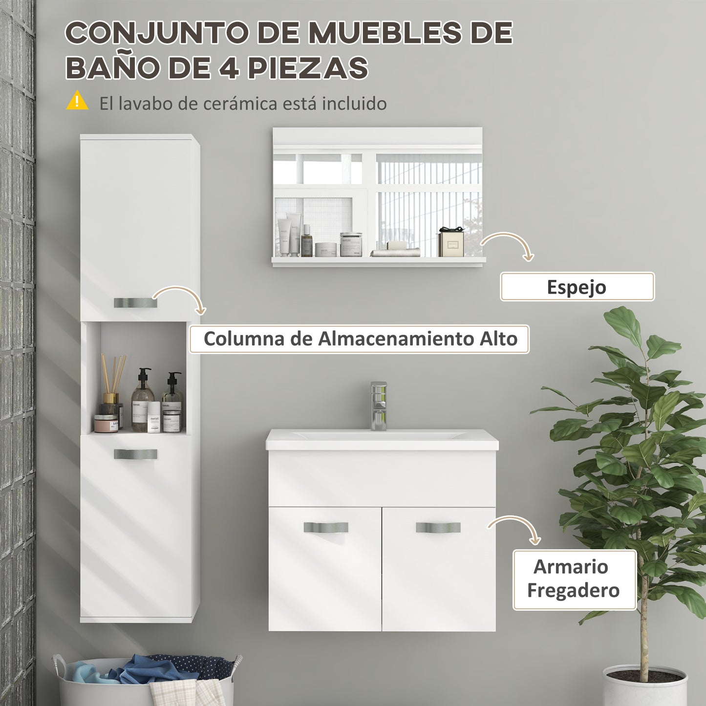 kleankin Muebles de Baño con Lavabo y Espejo Columna de Baño Conjunto de Muebles de Baño de Pared de 3 Piezas Estilo Moderno Blanco