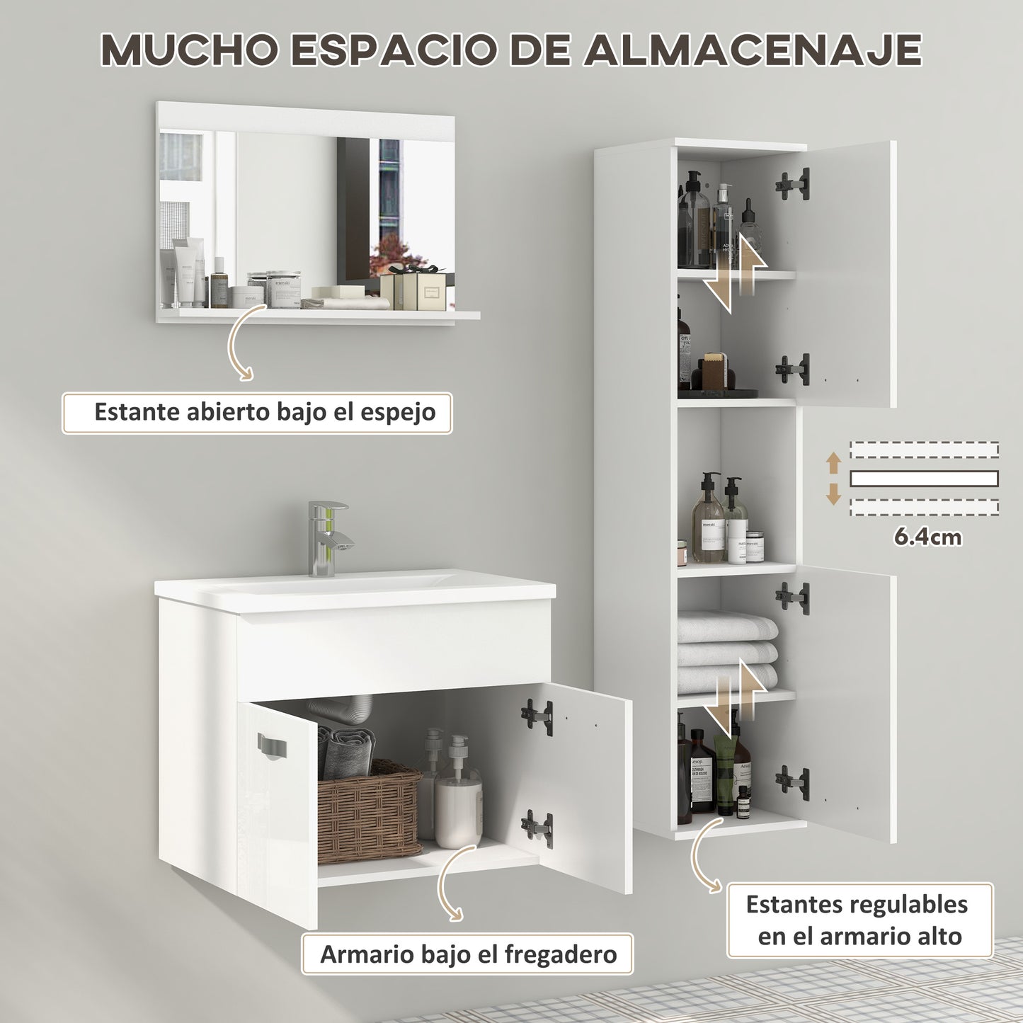 kleankin Muebles de Baño con Lavabo y Espejo Columna de Baño Conjunto de Muebles de Baño de Pared de 3 Piezas Estilo Moderno Blanco