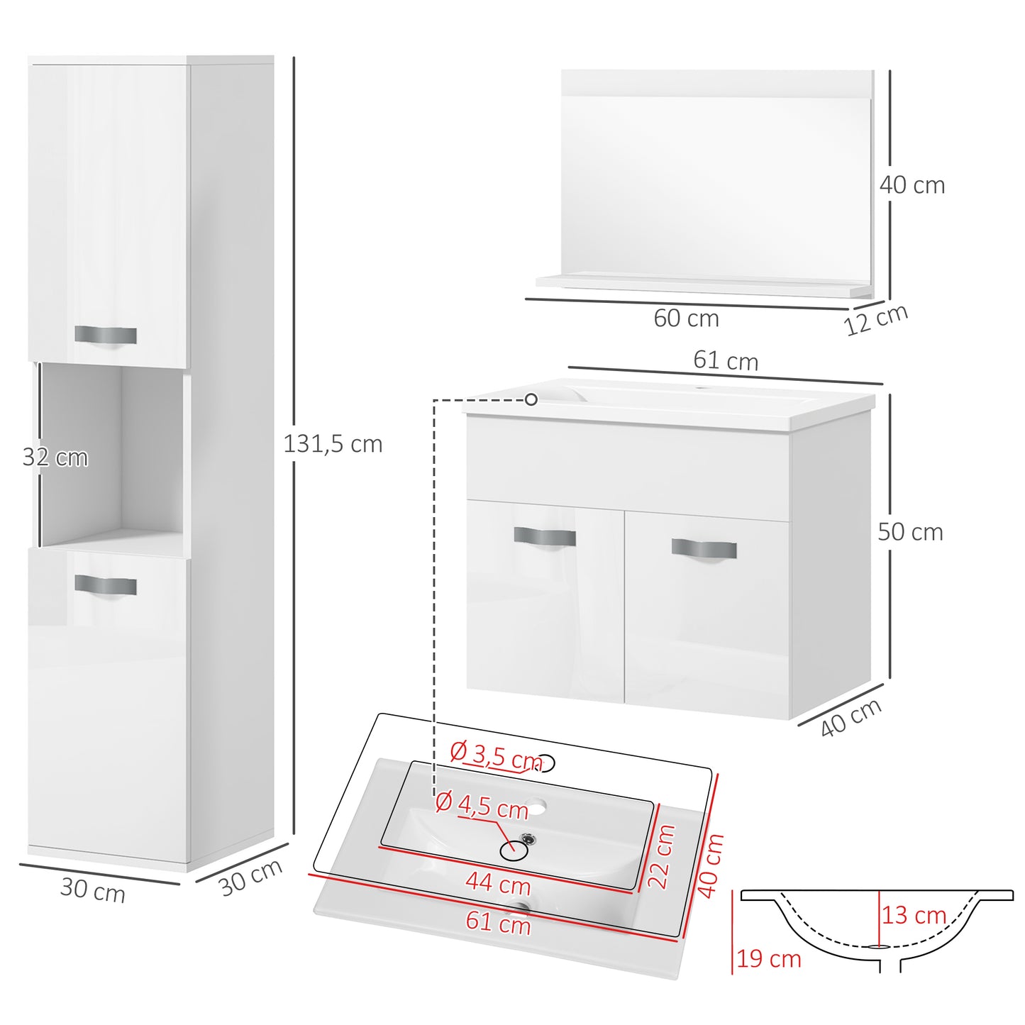 kleankin Muebles de Baño con Lavabo y Espejo Columna de Baño Conjunto de Muebles de Baño de Pared de 3 Piezas Estilo Moderno Blanco