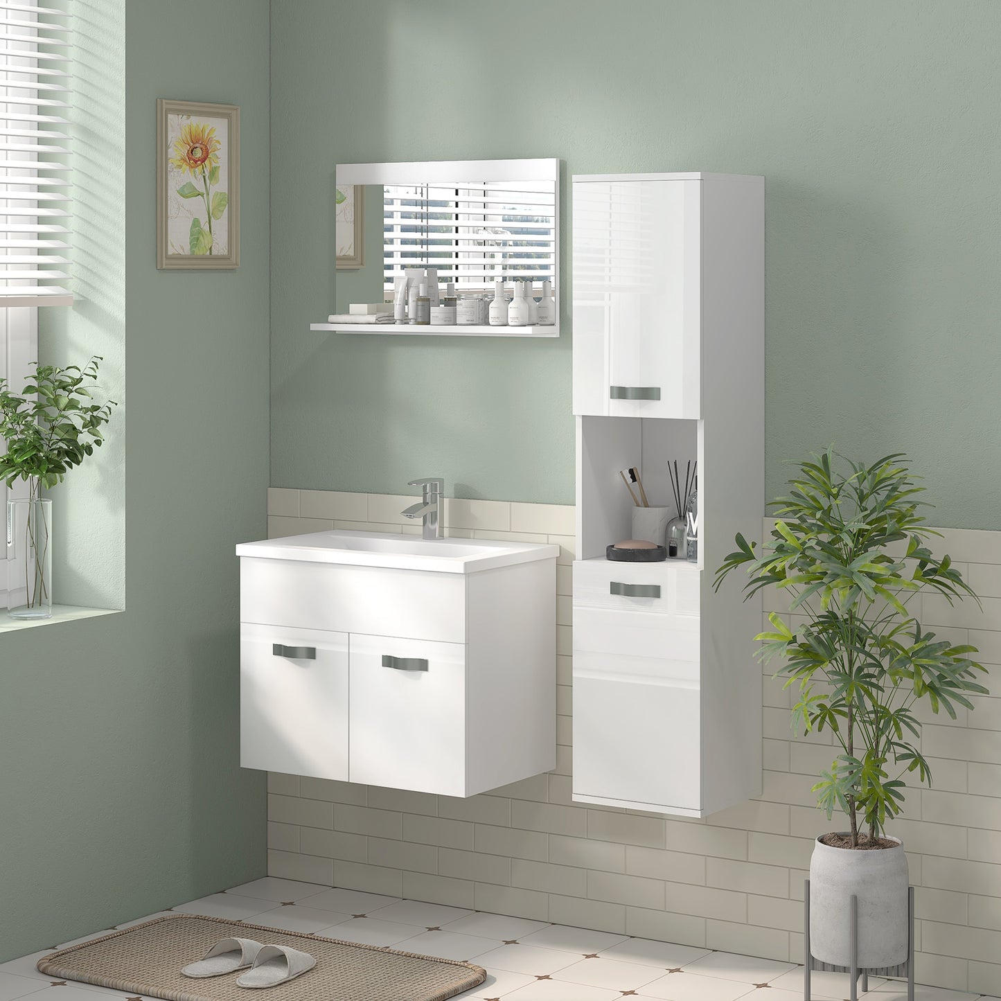 kleankin Muebles de Baño con Lavabo y Espejo Columna de Baño Conjunto de Muebles de Baño de Pared de 3 Piezas Estilo Moderno Blanco