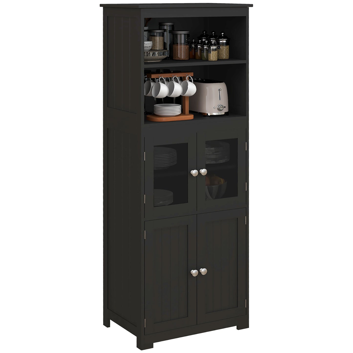 HOMCOM Alacena de Cocina Aparador de Comedor Armario de Cocina con 4 Puertas 2 Estantes Abiertos y Estante Ajustable para Salón 60x30x162 cm Negro