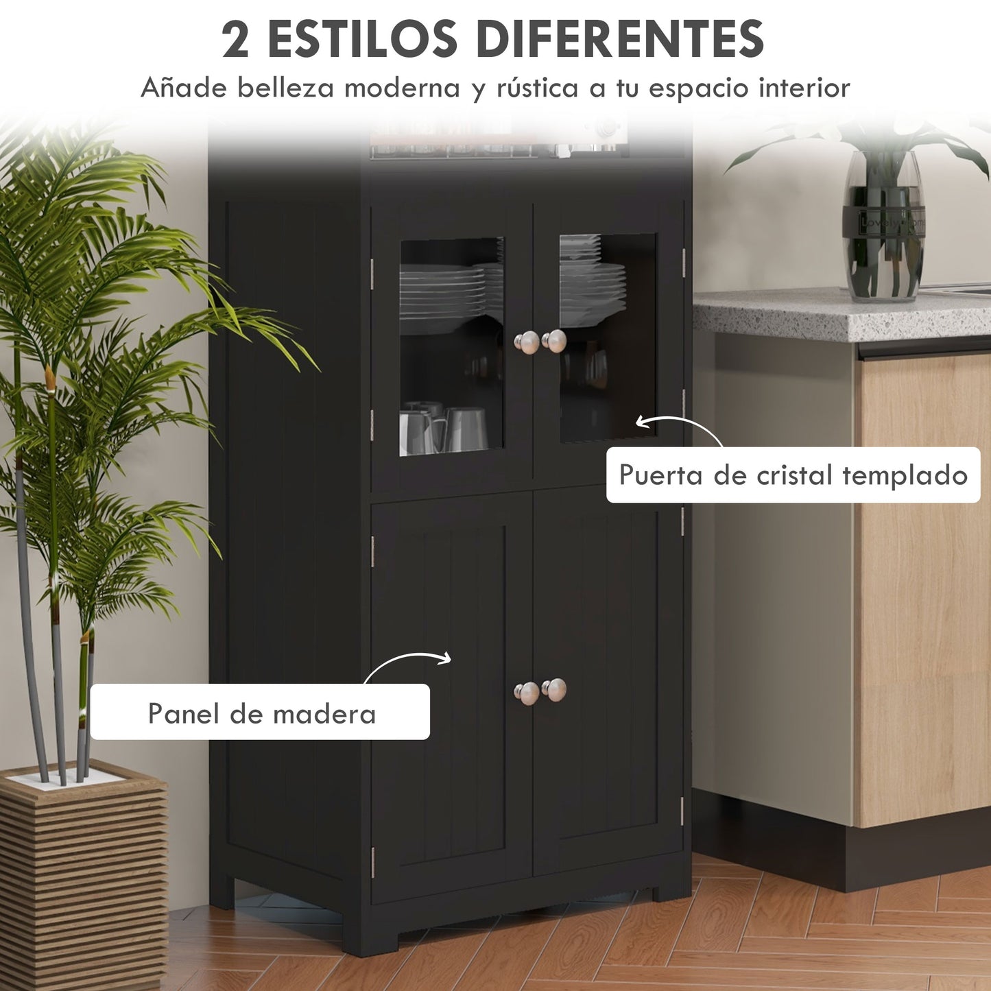 HOMCOM Alacena de Cocina Aparador de Comedor Armario de Cocina con 4 Puertas 2 Estantes Abiertos y Estante Ajustable para Salón 60x30x162 cm Negro