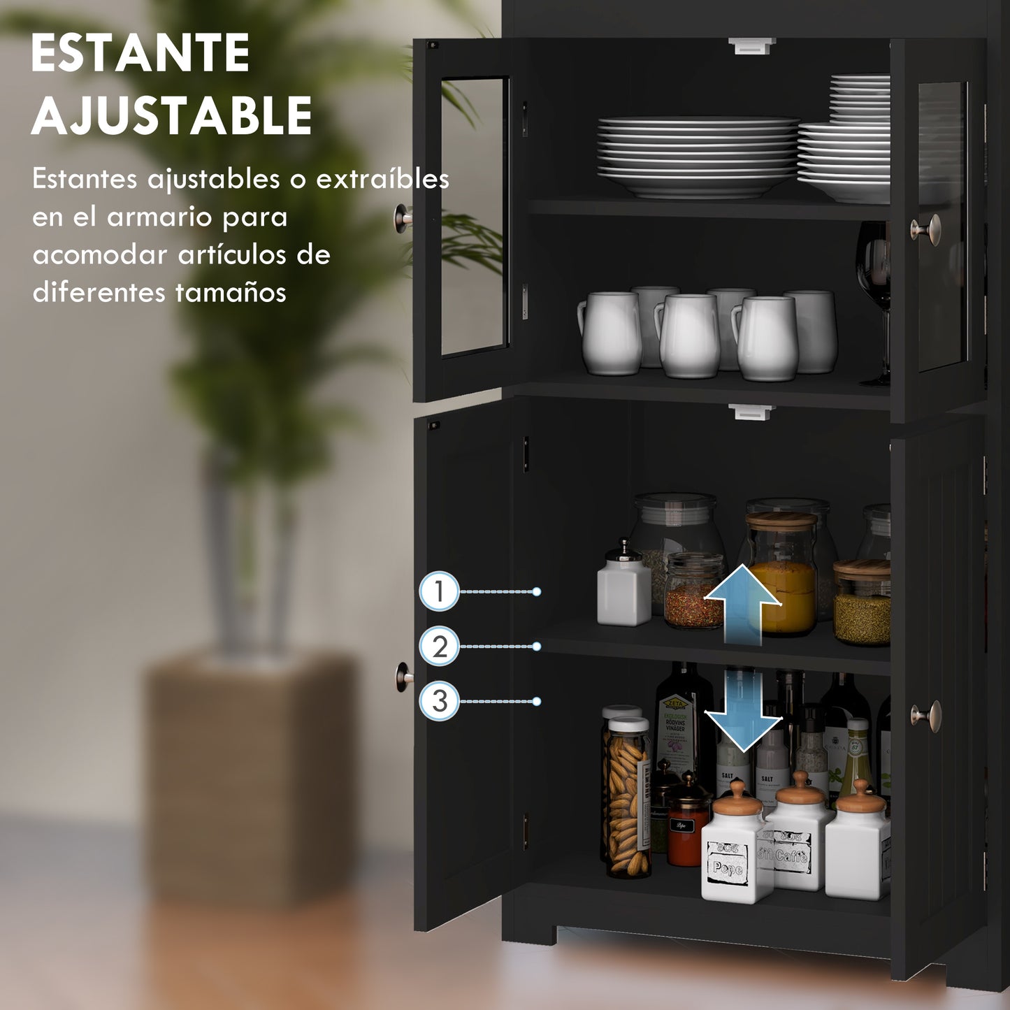 HOMCOM Alacena de Cocina Aparador de Comedor Armario de Cocina con 4 Puertas 2 Estantes Abiertos y Estante Ajustable para Salón 60x30x162 cm Negro