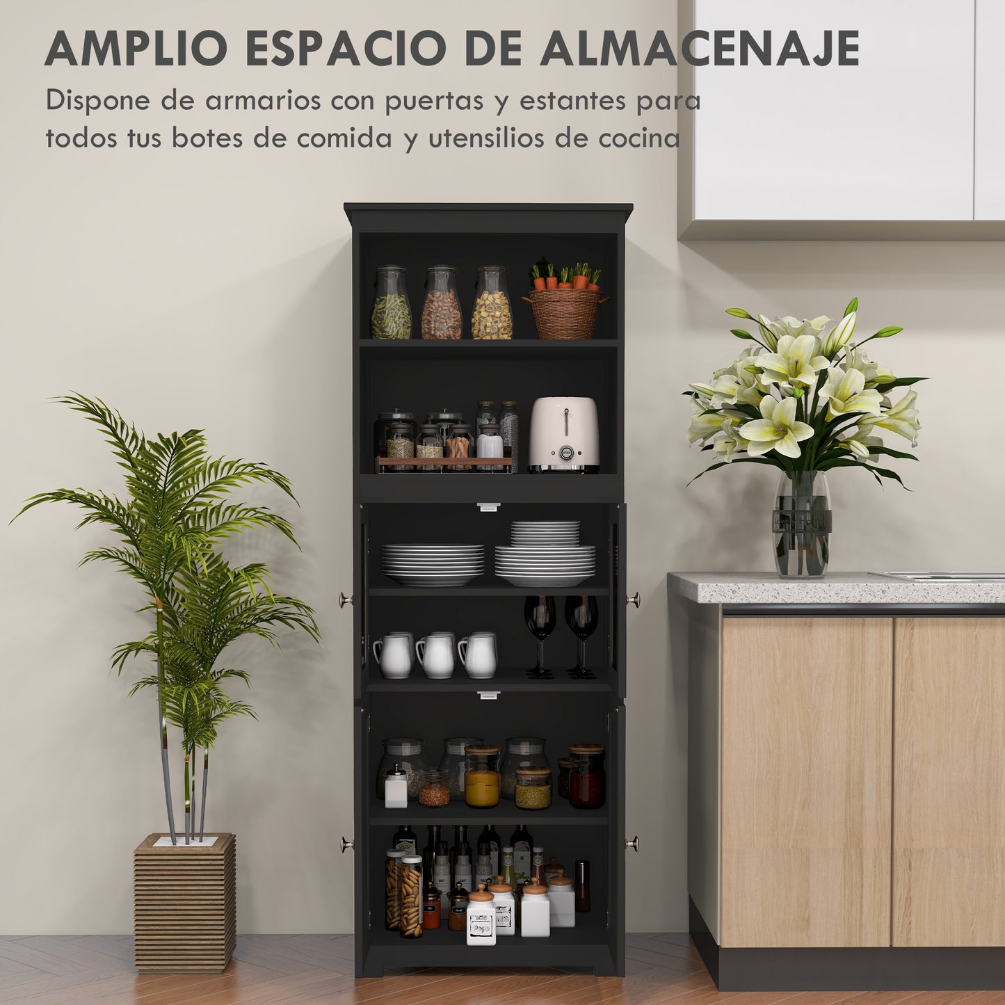 HOMCOM Alacena de Cocina Aparador de Comedor Armario de Cocina con 4 Puertas 2 Estantes Abiertos y Estante Ajustable para Salón 60x30x162 cm Negro