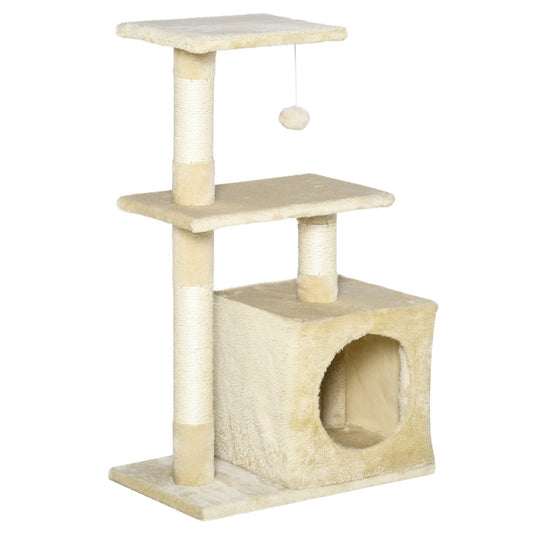 PawHut Árbol Rascador para Gatos 81,5 cm Torre para Gatos con Postes de Sisal 2 Plataformas Cueva y Bola Colgante Estilo Elegante 50x30x81,5 cm Beige