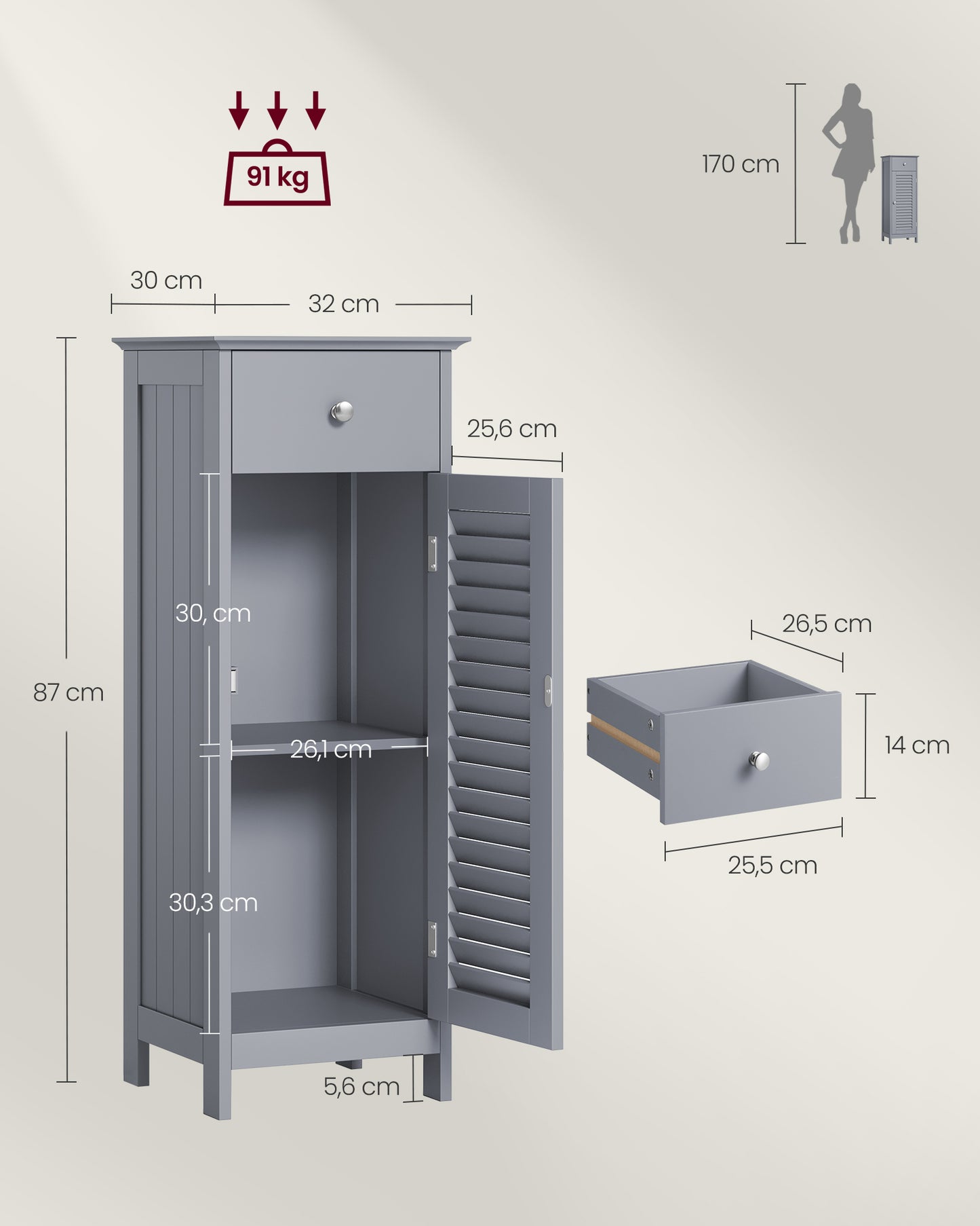 Armario de Baño 30 x 32 x 87 cm Gris Paloma-VASAGLE