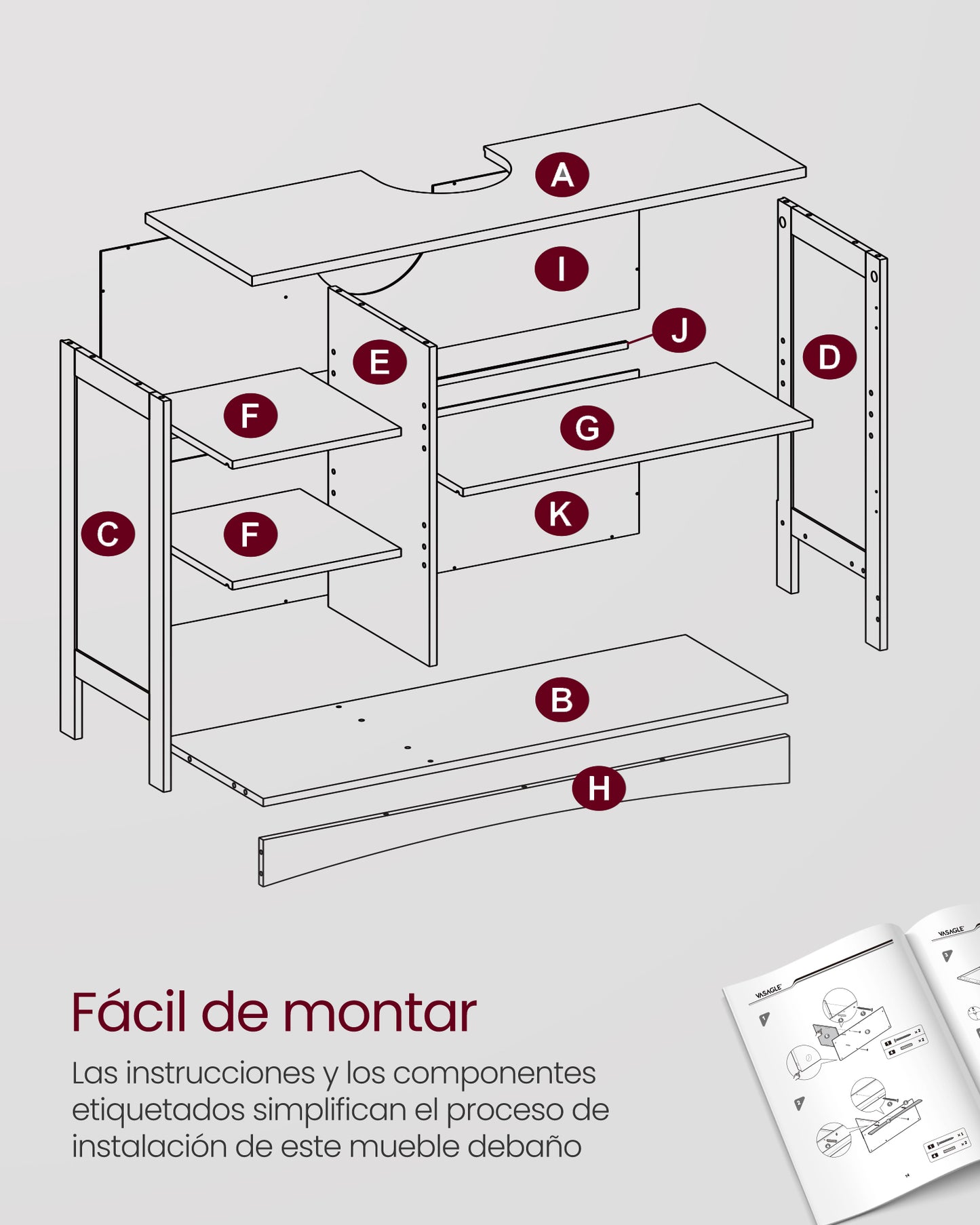 Mueble de Lavabo 30 x 90 x 60 cm Gris Paloma-VASAGLE