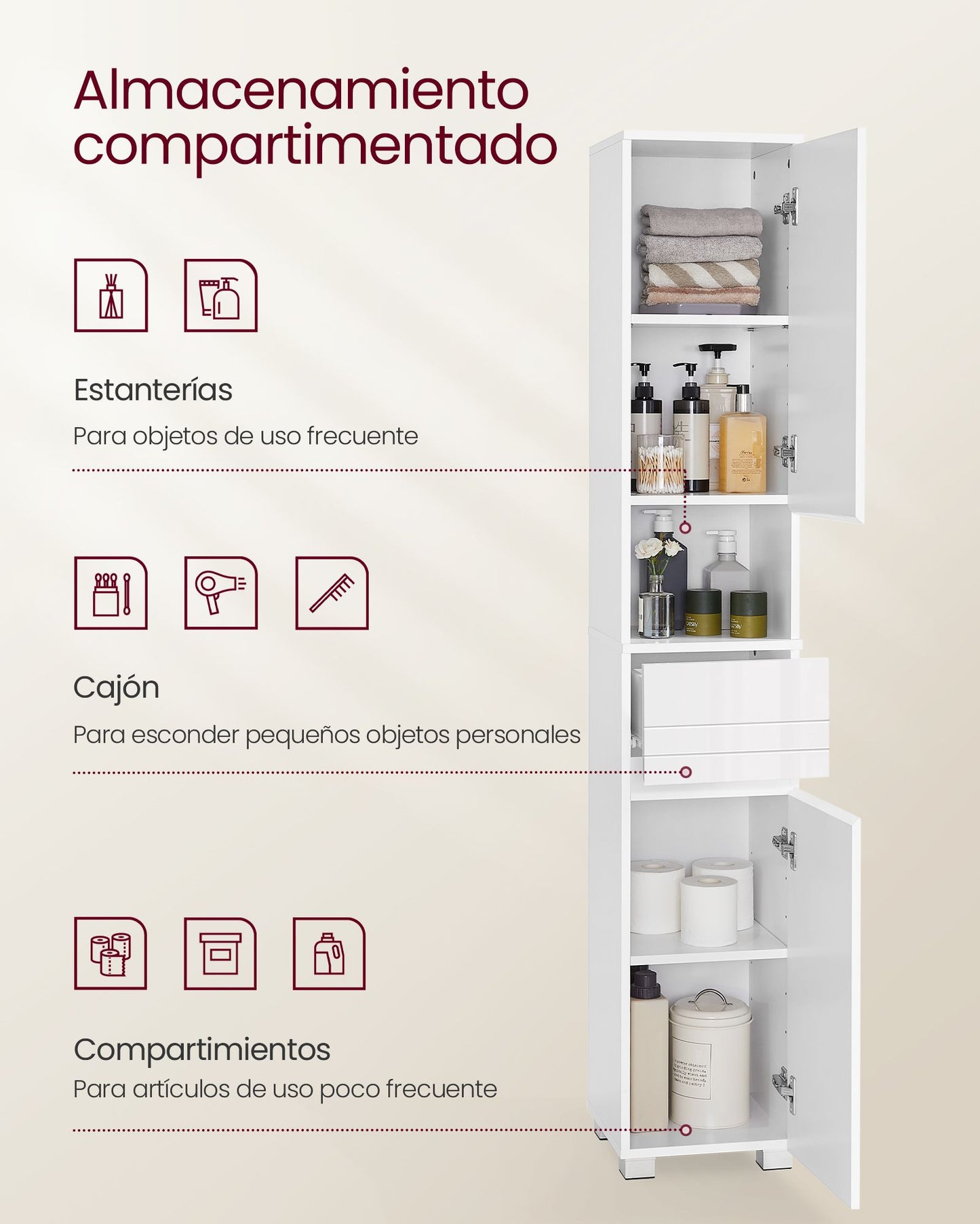 Mueble de Baño Armario de Baño Unidad de Almacenamiento de Baño Blanco-VASAGLE