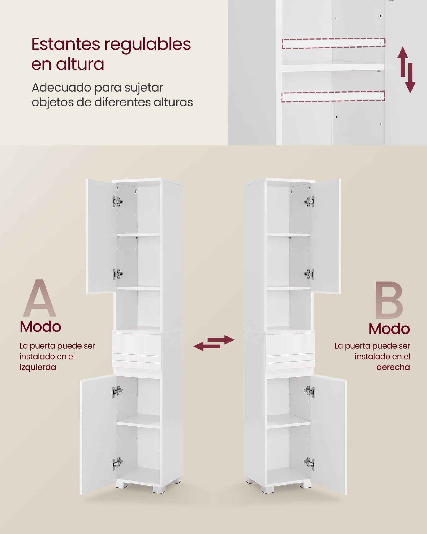 Mueble de Baño Armario de Baño Unidad de Almacenamiento de Baño Blanco-VASAGLE