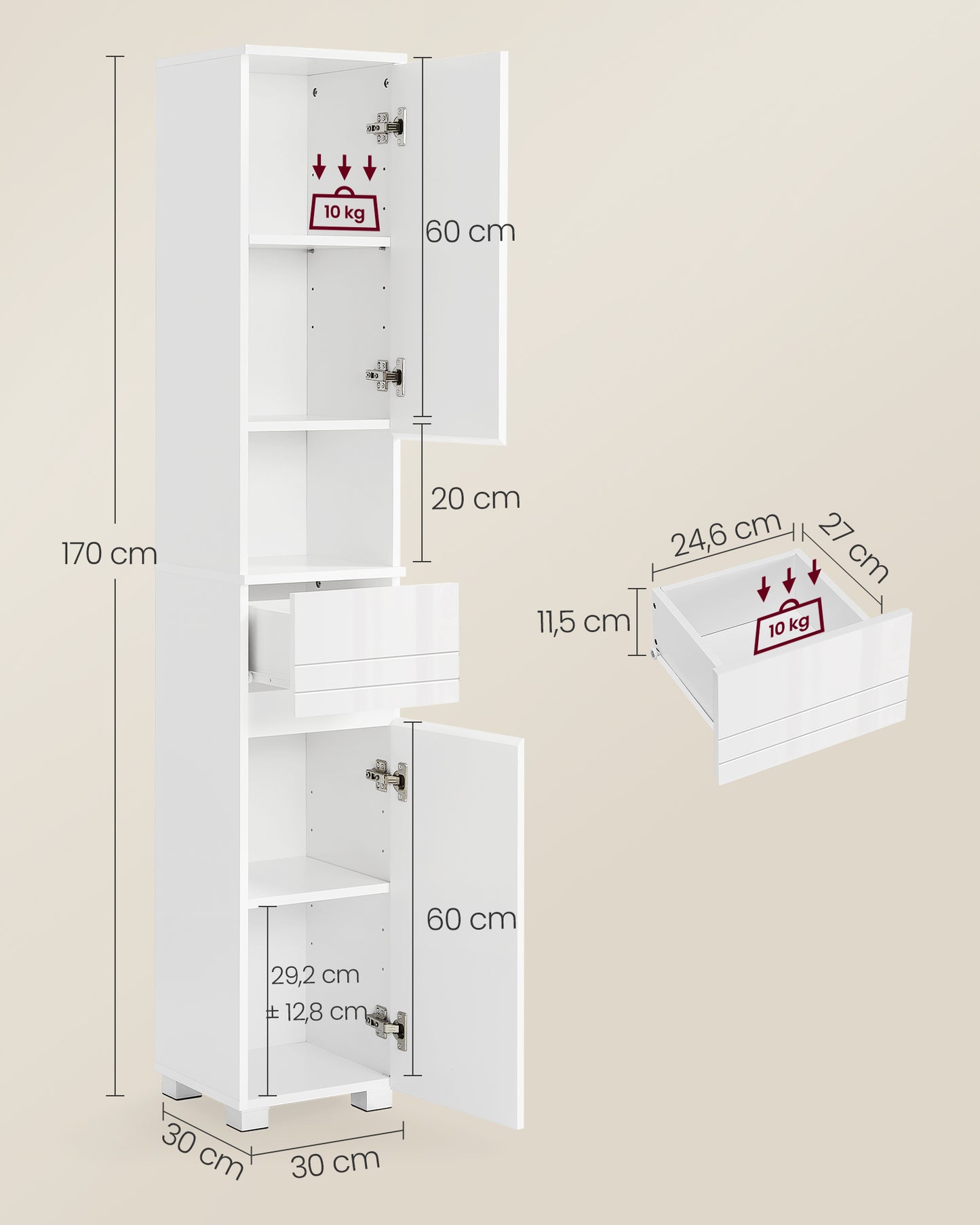 Mueble de Baño Armario de Baño Unidad de Almacenamiento de Baño Blanco-VASAGLE