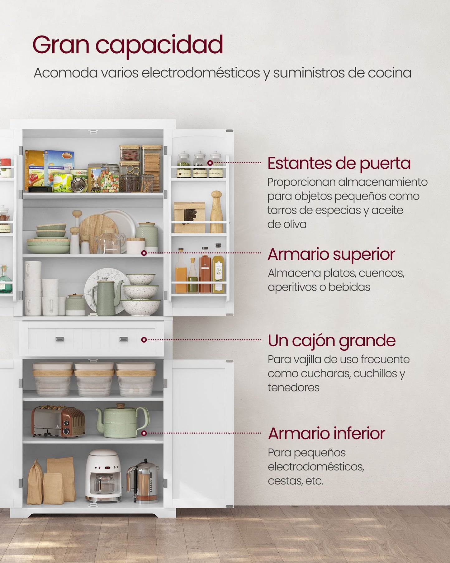 Armario Alto de Cocina 182,1 cm Armario Independiente 4 Estantes Ajustables-VASAGLE