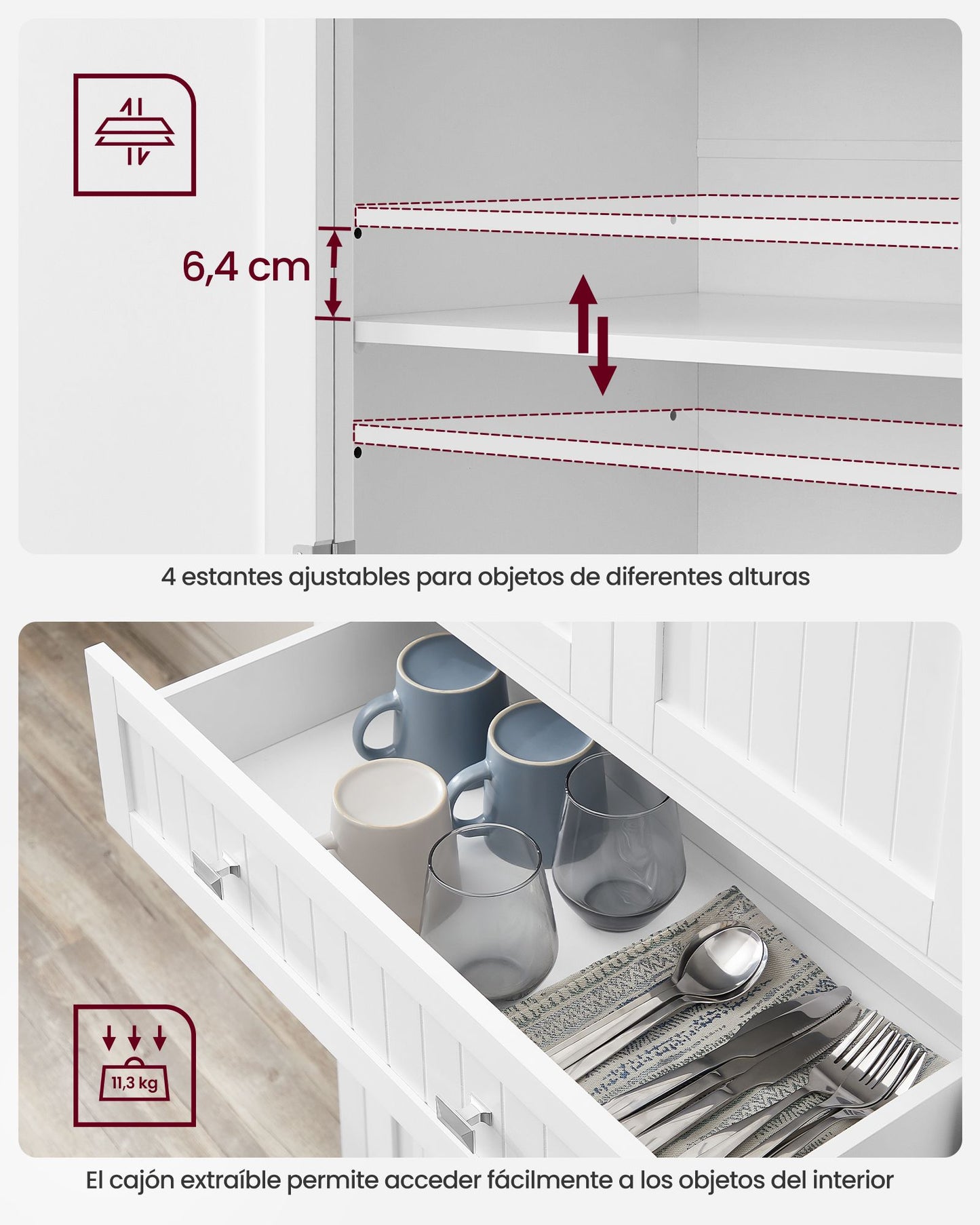 Armario Alto de Cocina 182,1 cm Armario Independiente 4 Estantes Ajustables-VASAGLE