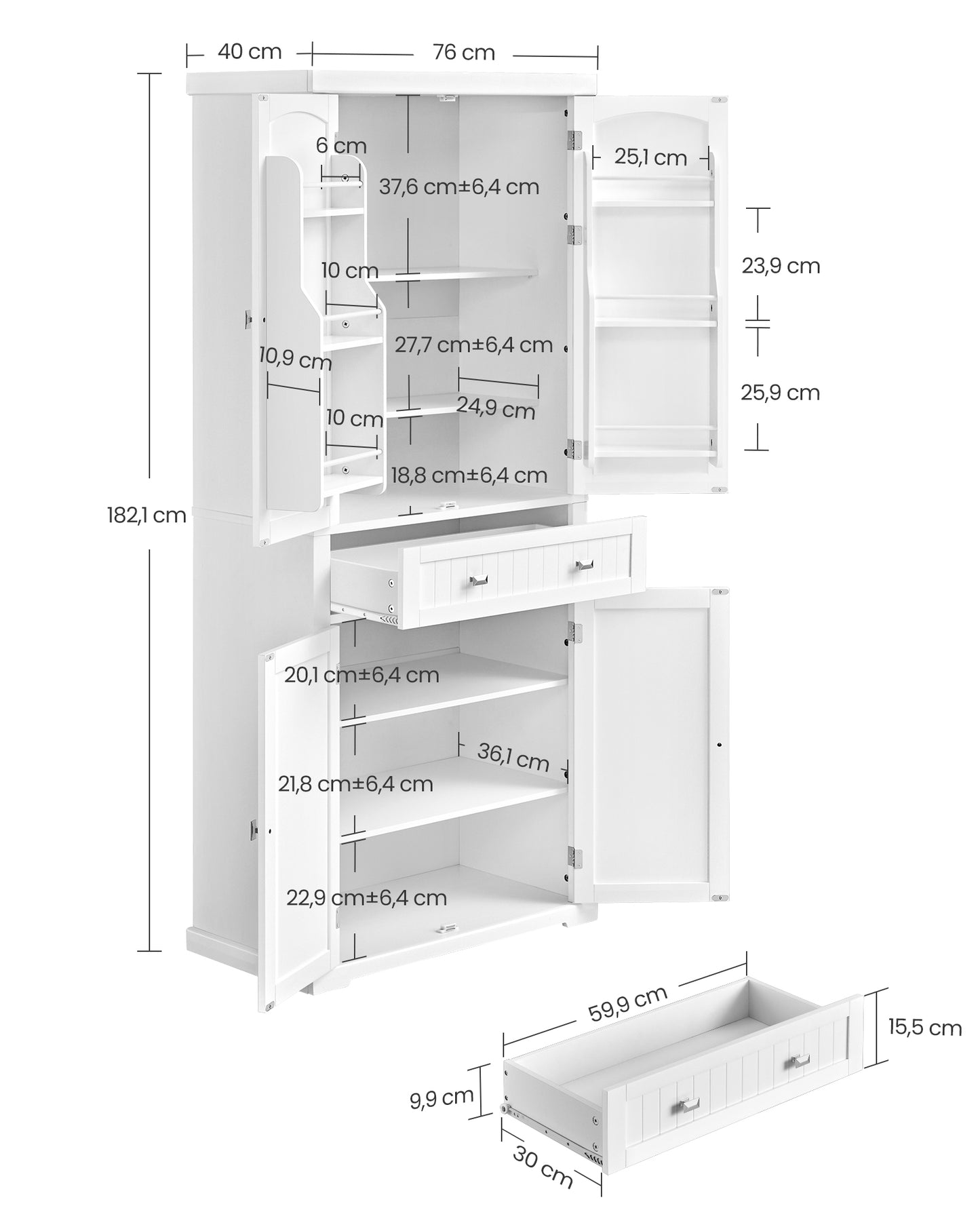 Armario Alto de Cocina 182,1 cm Armario Independiente 4 Estantes Ajustables-VASAGLE