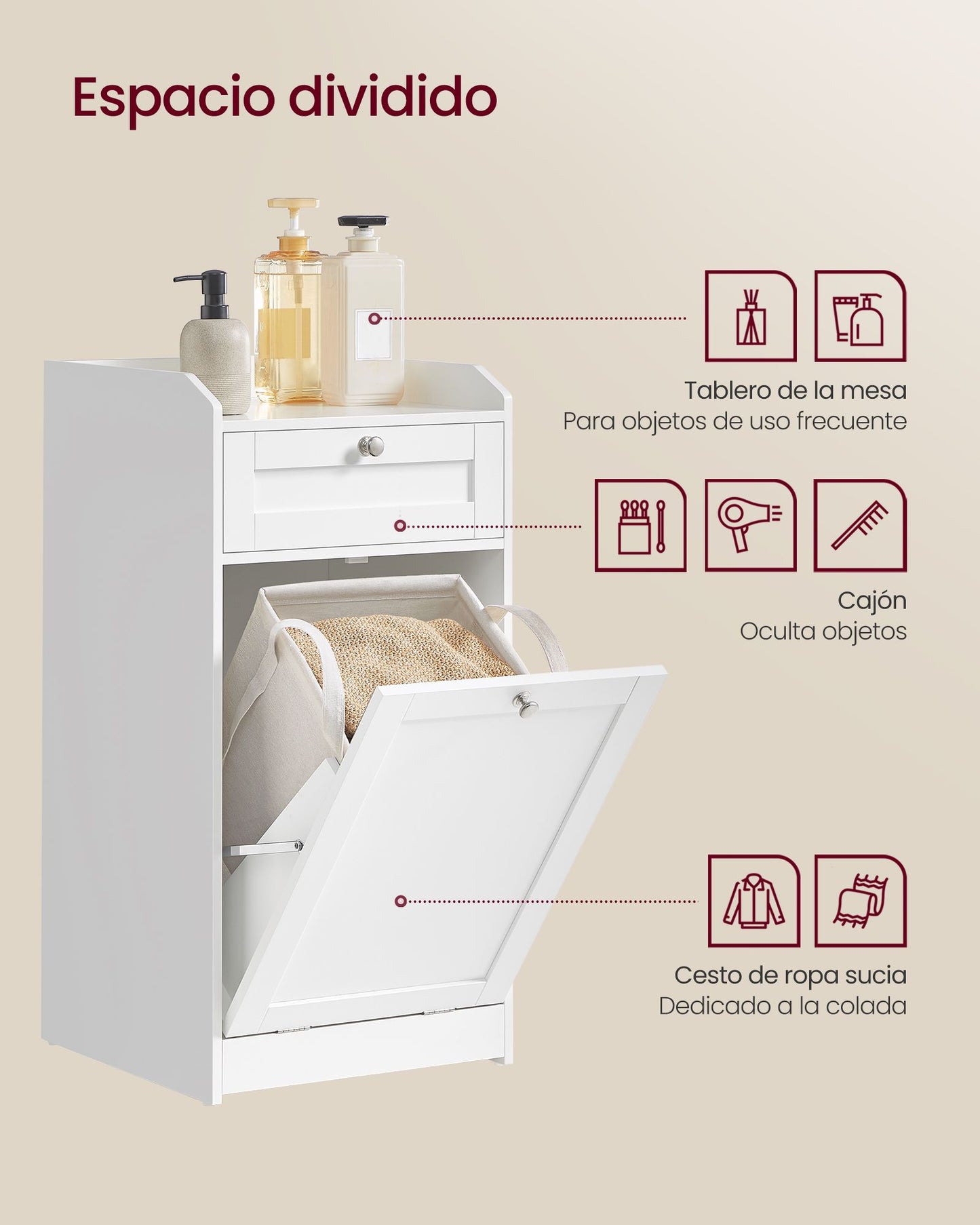 Armario de Baño con Cesto Ropa Sucia 40 x 40 x 80,2 cm Blanco Nube-VASAGLE