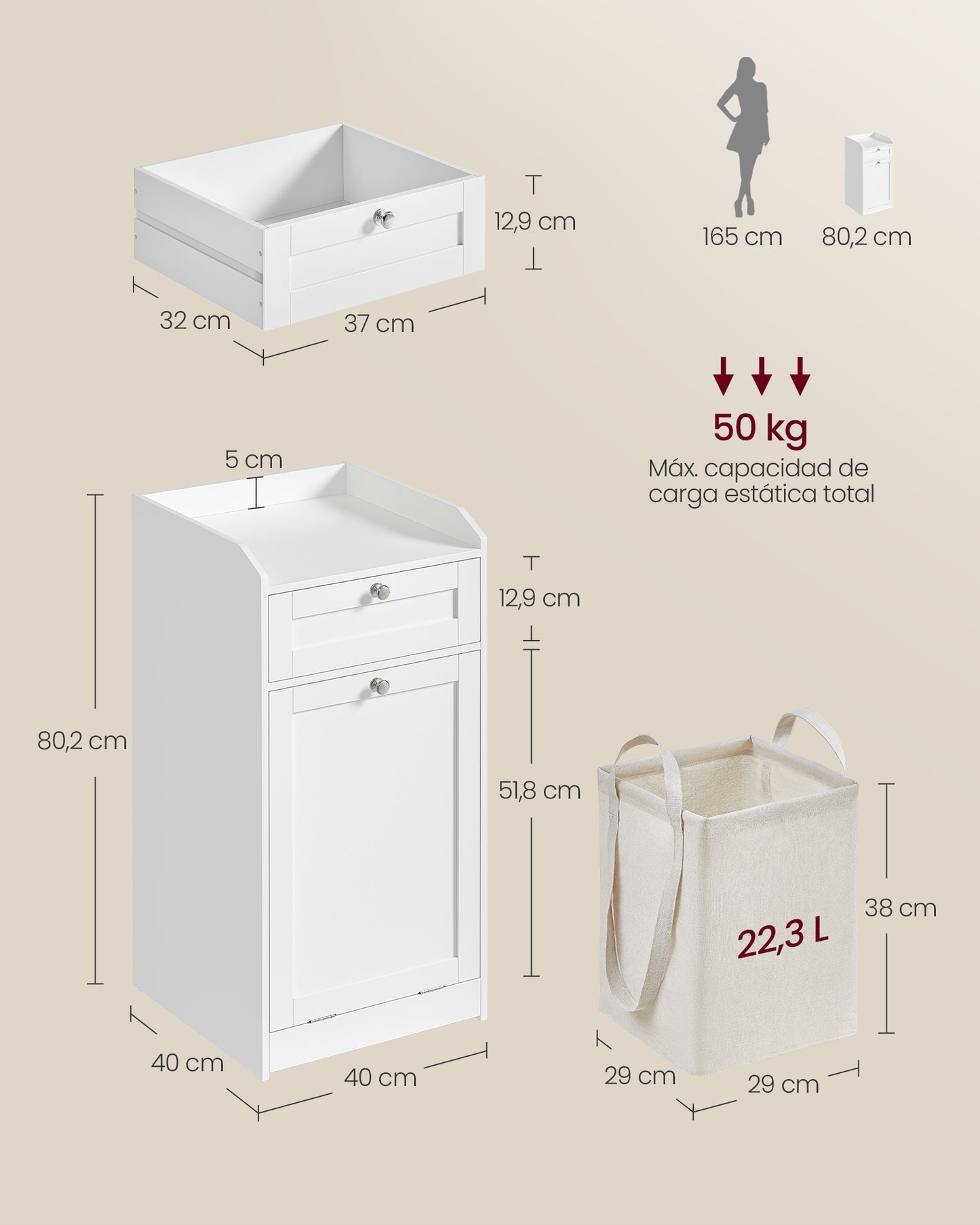 Armario de Baño con Cesto Ropa Sucia 40 x 40 x 80,2 cm Blanco Nube-VASAGLE