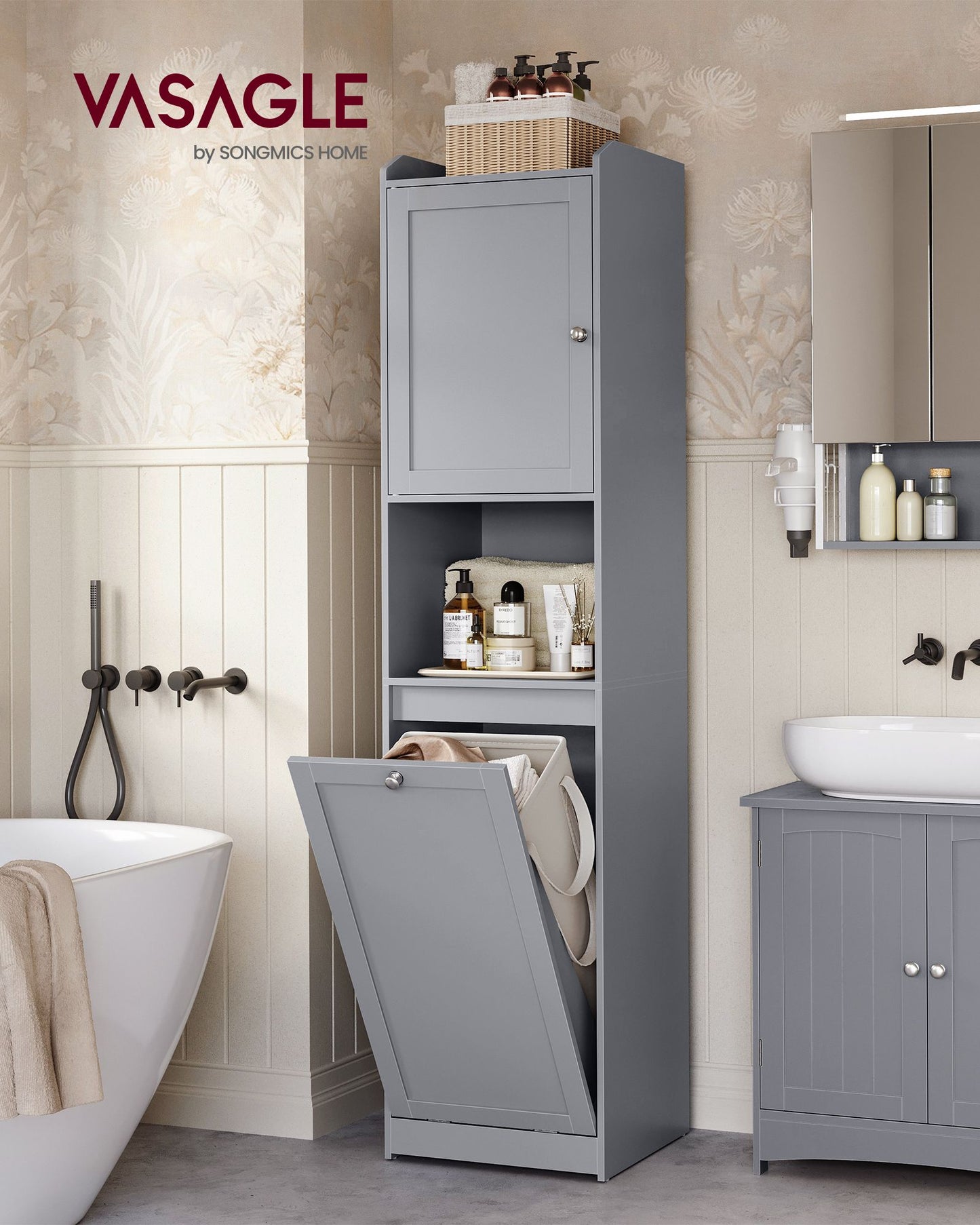 Armario de Baño con Cesto 40 x 40 x 170 cm Gris Paloma-VASAGLE