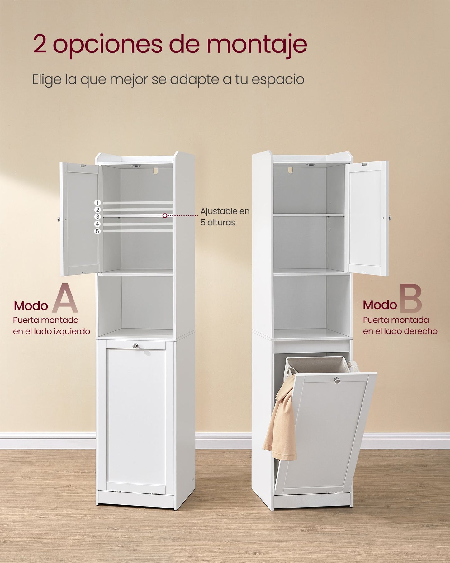 Armario de Baño con Cesto Ropa Sucia 40 x 40 x 170 cm Blanco Nube-VASAGLE