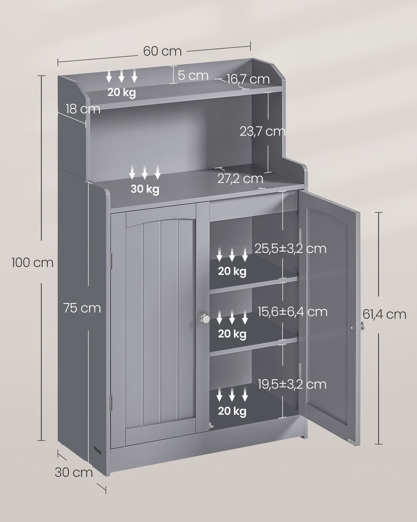 Armario de Baño con 2 Puertas 30 x 60 x 101 cm Gris Paloma-VASAGLE