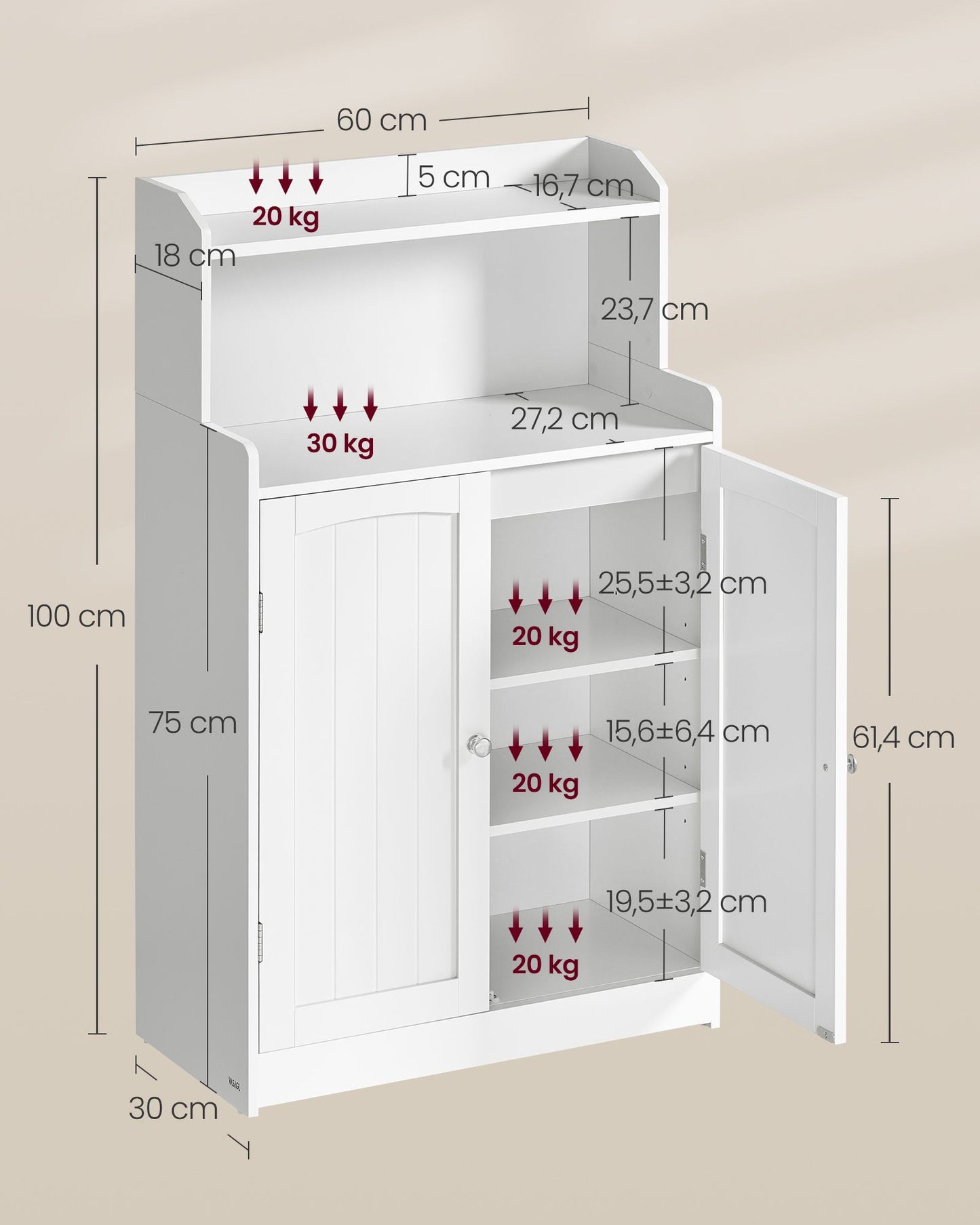 Armario de Baño con 2 Puertas 30 x 60 x 100 cm Blanco Nube-VASAGLE