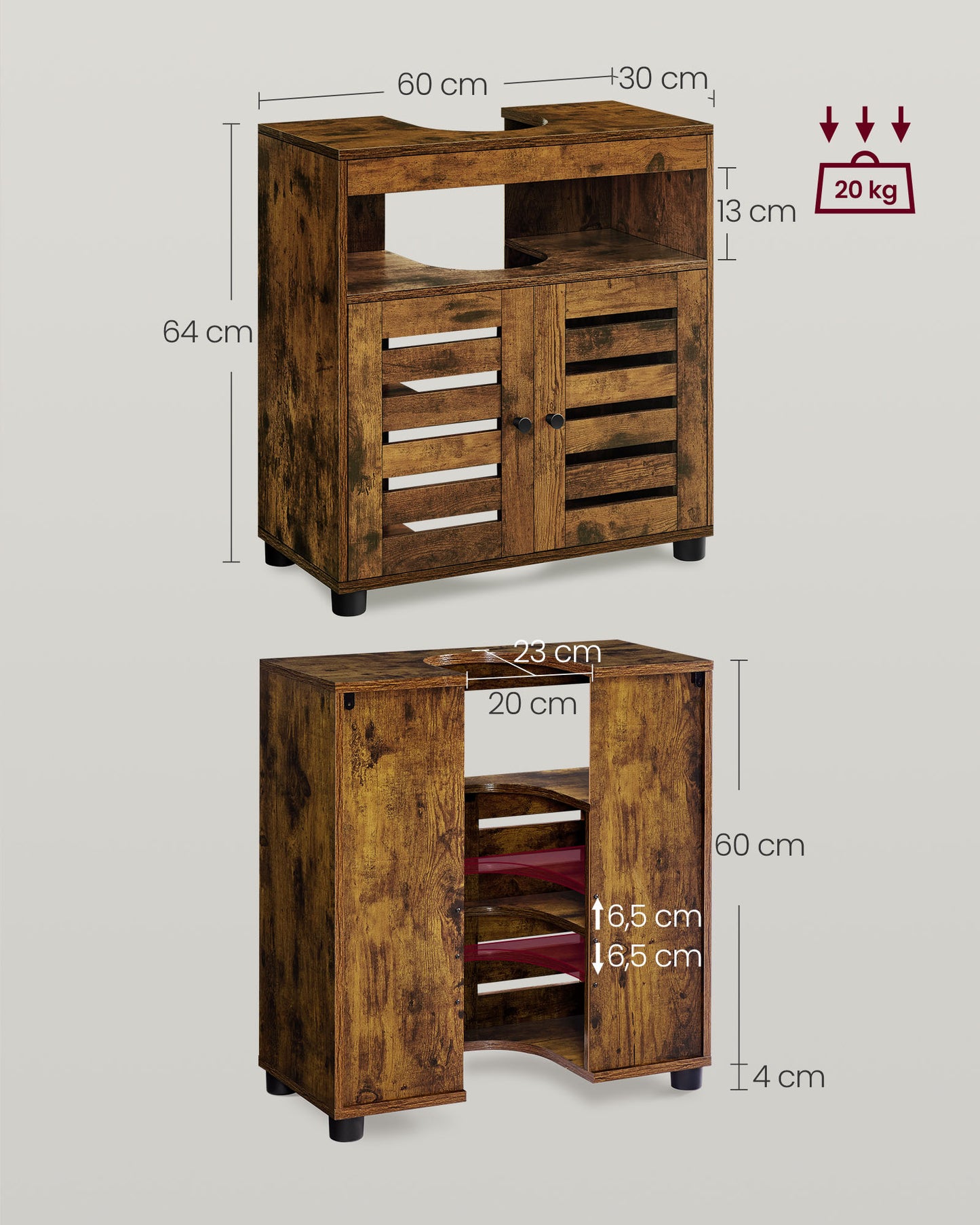 Mueble de Lavabo 30 x 60 x 64 cm Marrón Rústico-VASAGLE