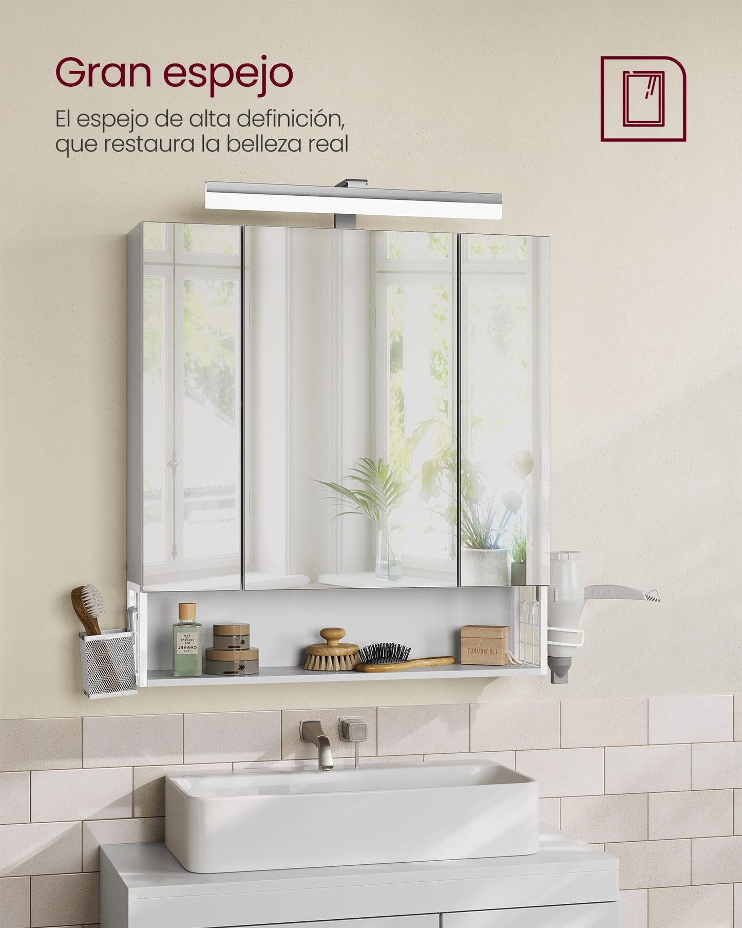 Armario de Baño con Espejo 3 Puertas Blanco Nube-VASAGLE