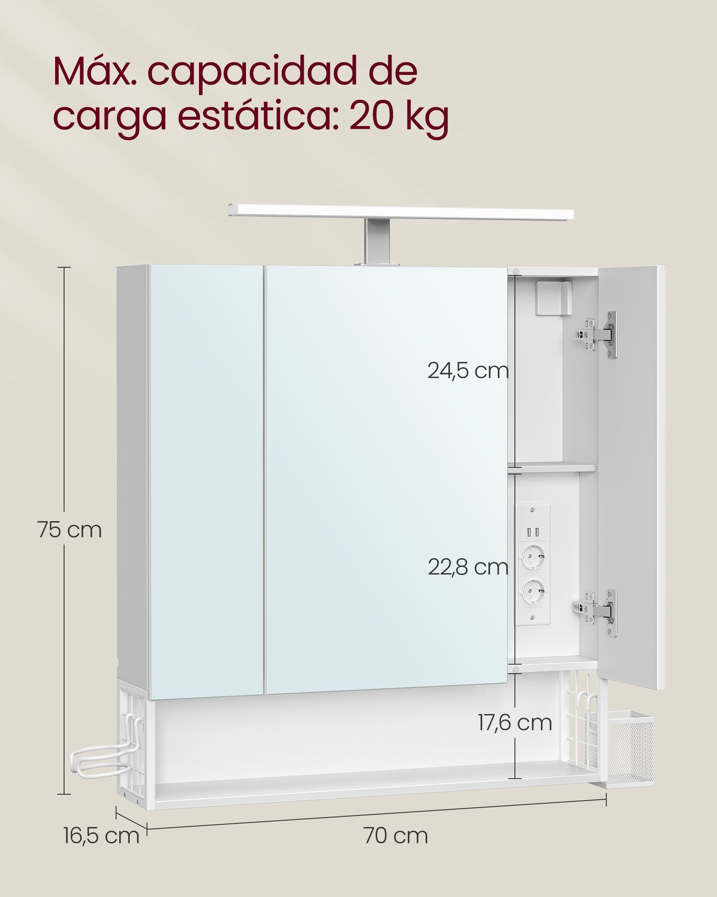 Armario de Baño con Espejo 3 Puertas Blanco Nube-VASAGLE