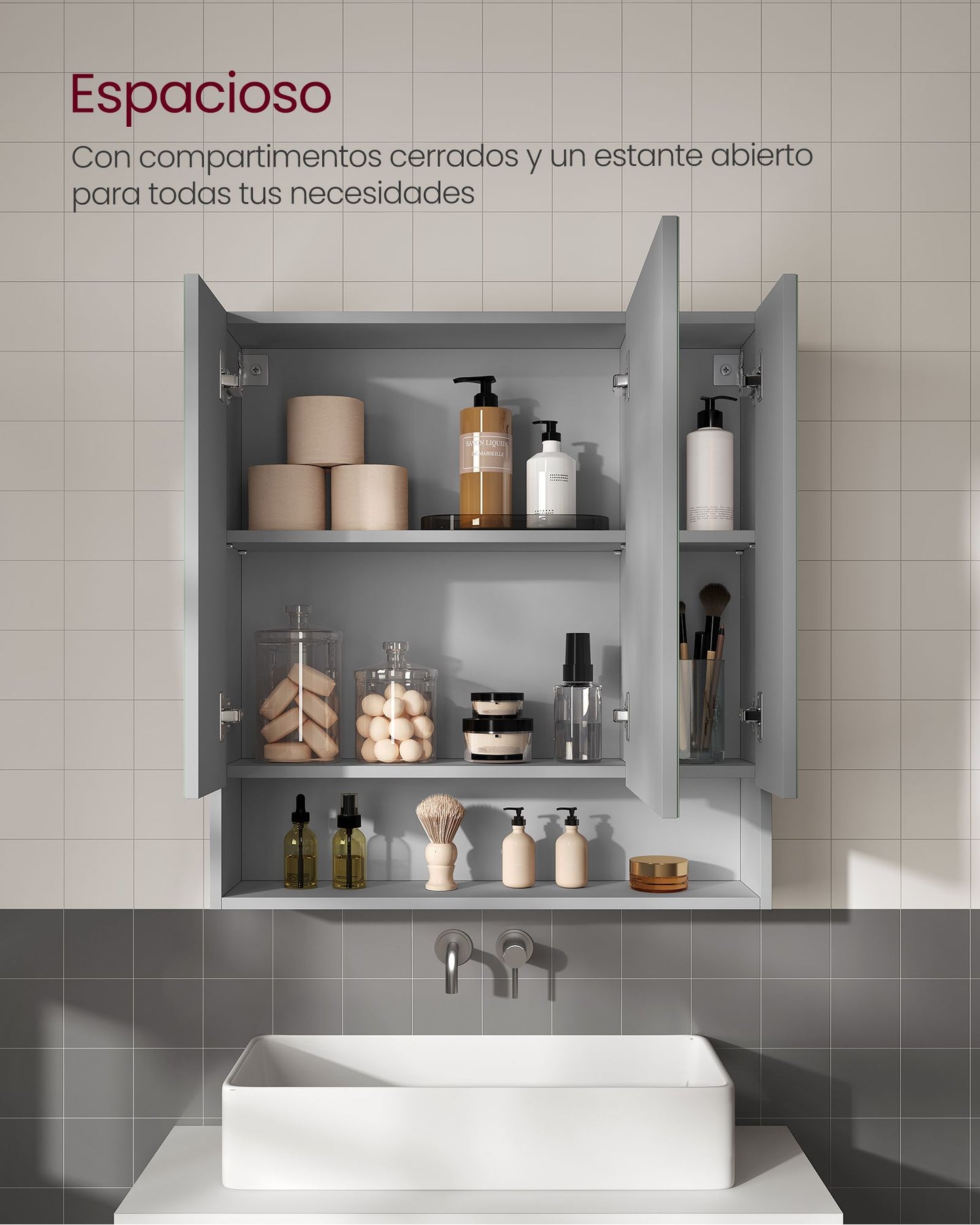 Armario de Baño con Puertas de Espejo Gris Paloma-VASAGLE