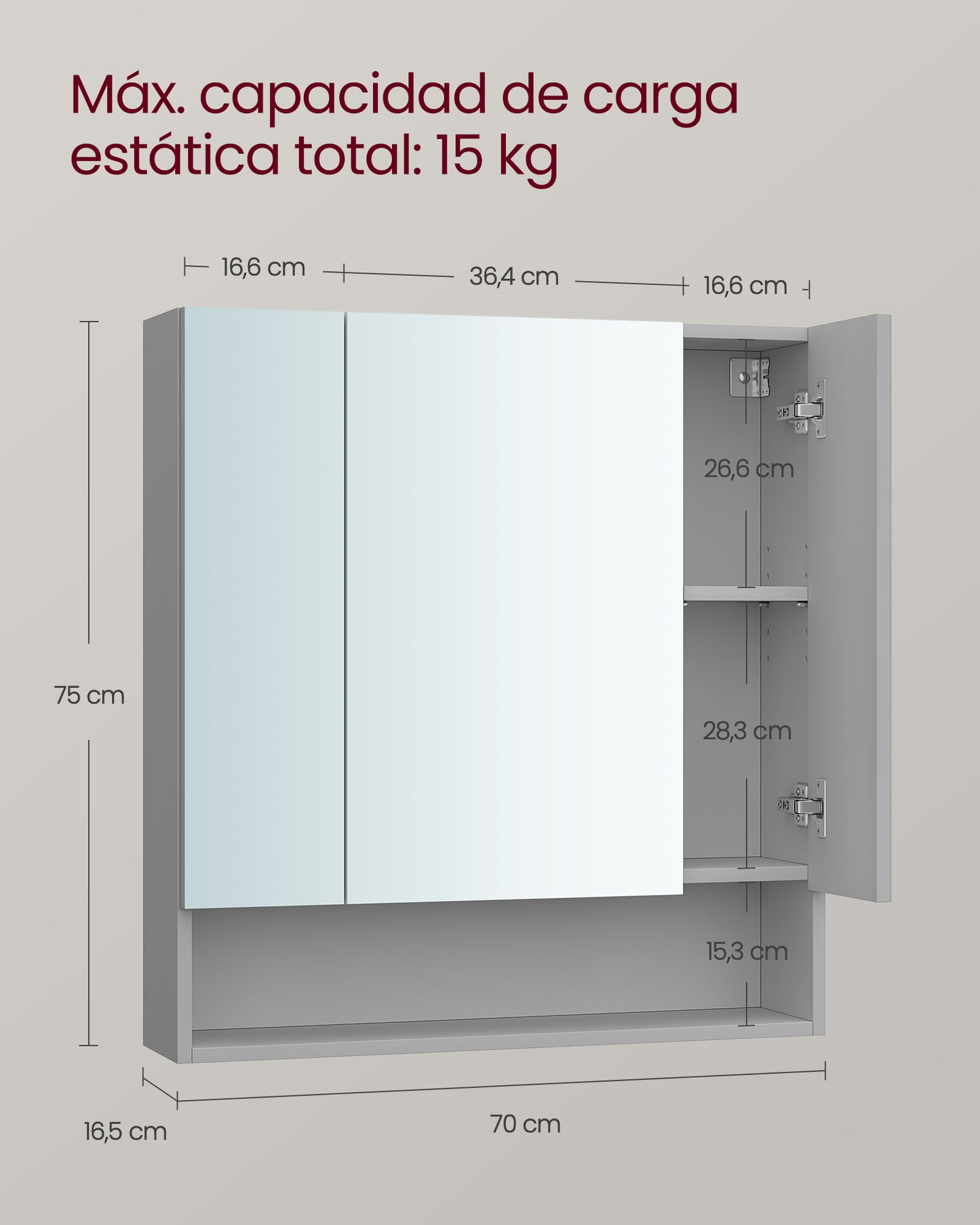 Armario de Baño con Puertas de Espejo Gris Paloma-VASAGLE