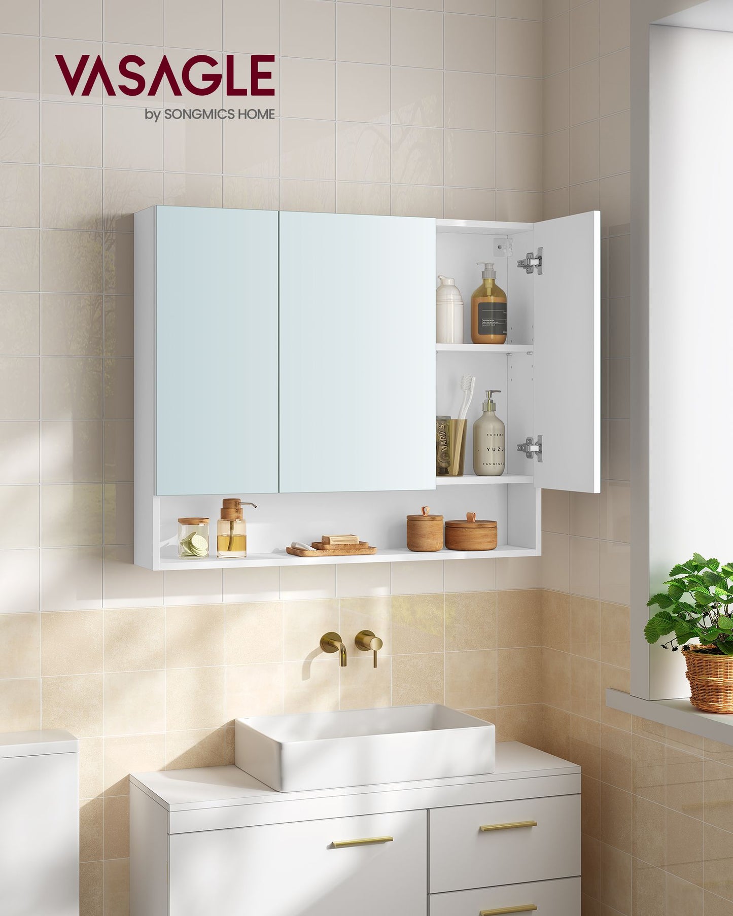 Armario de Baño con Puertas de Espejo 16,5 x 90 x 75 cm-VASAGLE