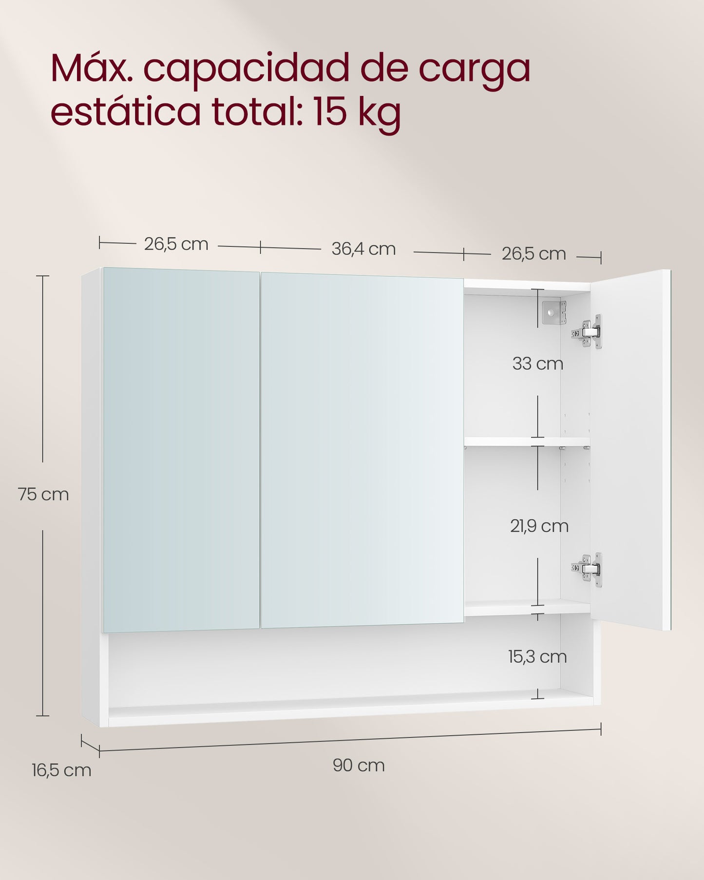 Armario de Baño con Puertas de Espejo 16,5 x 90 x 75 cm-VASAGLE