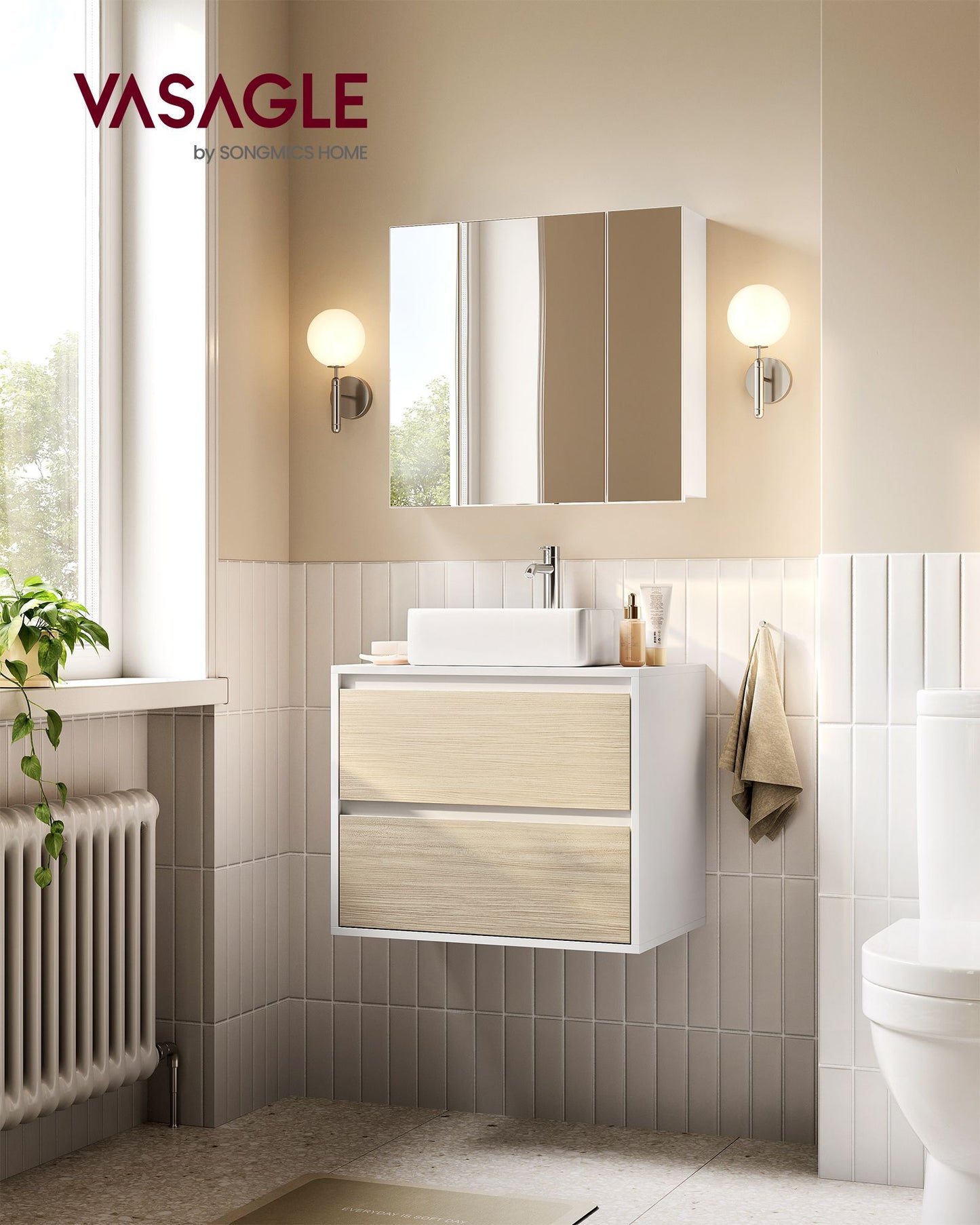 Mueble Bajo Lavabo 40 x 60 x 50 cm Blanco Nube y Beige Natural-VASAGLE