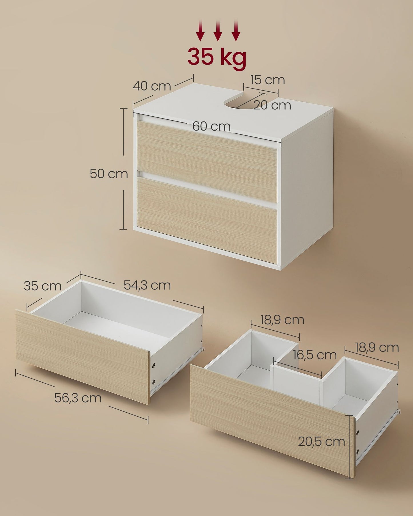 Mueble Bajo Lavabo 40 x 60 x 50 cm Blanco Nube y Beige Natural-VASAGLE