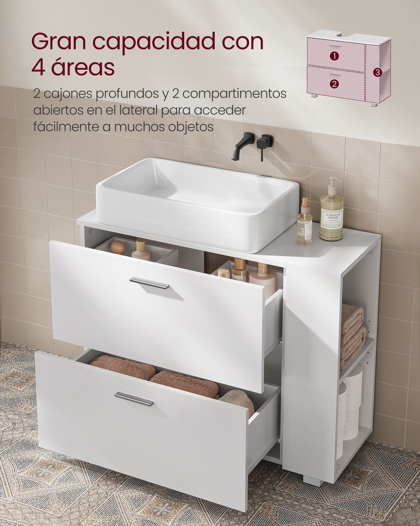 Mueble Bajo Lavabo con 2 Cajones Grandes Blanco Nube-VASAGLE