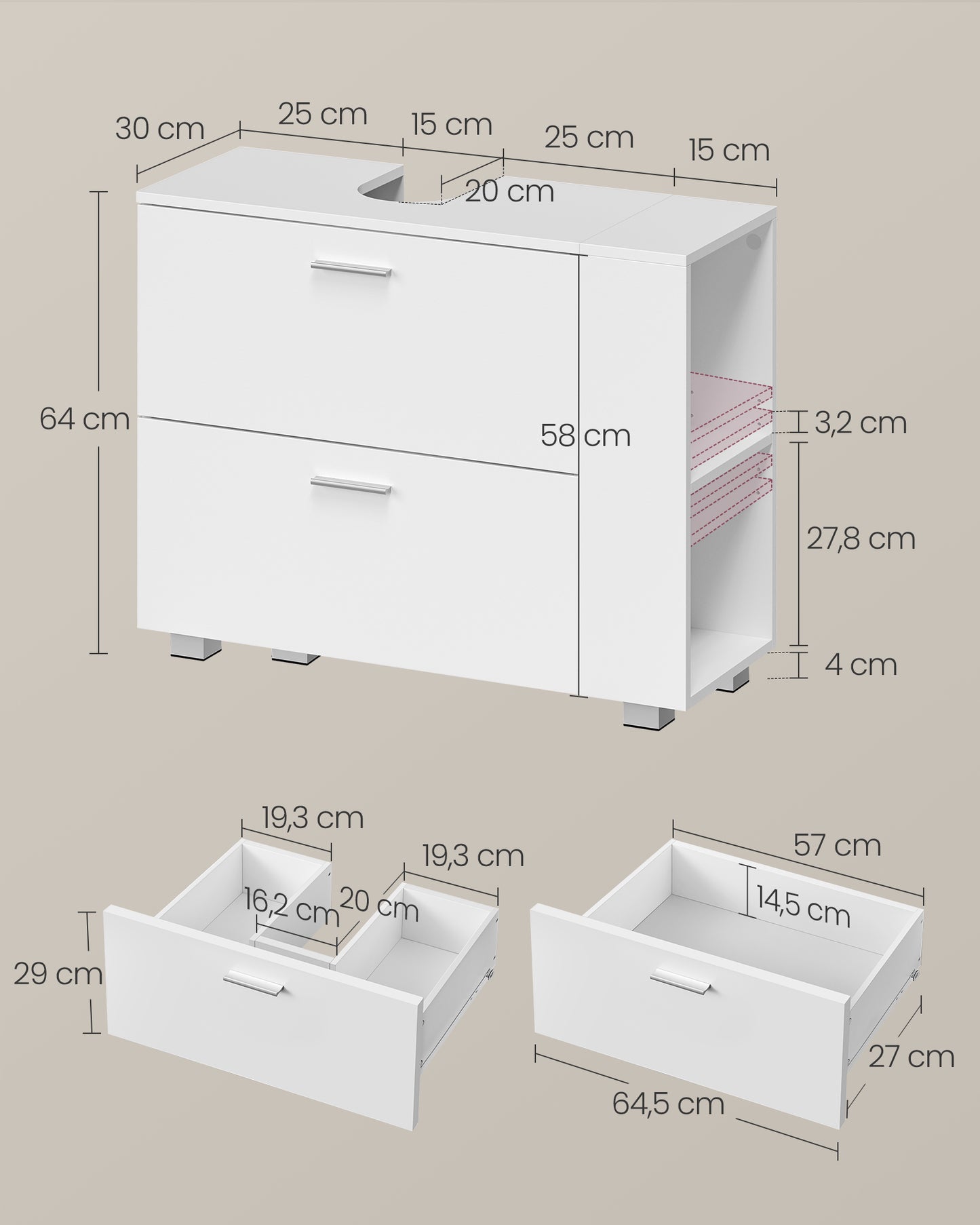 Mueble Bajo Lavabo con 2 Cajones Grandes Blanco Nube-VASAGLE