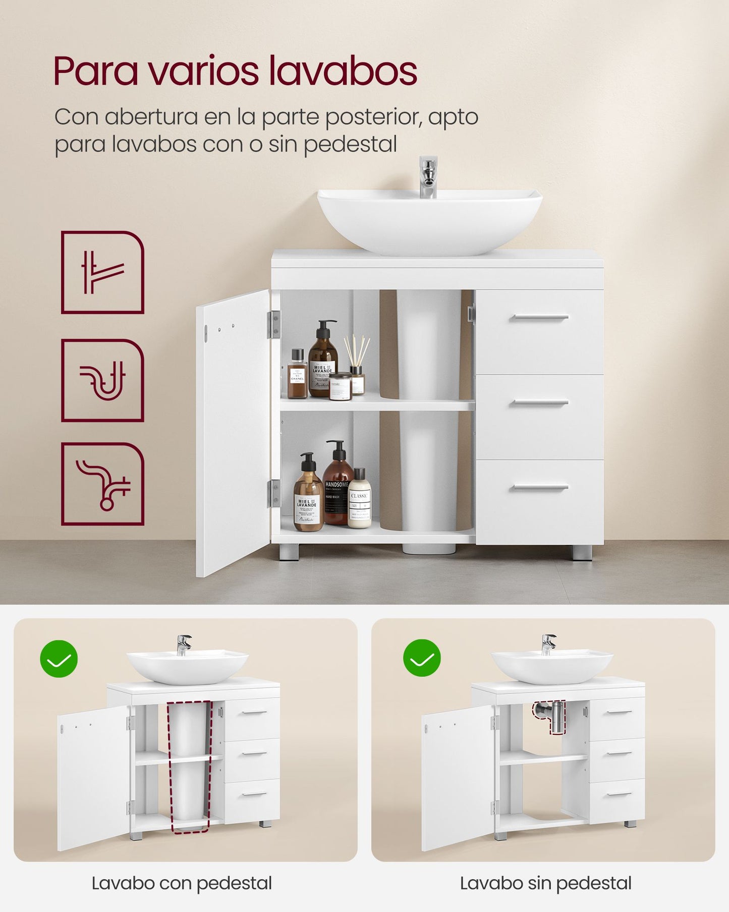 Mueble Bajo Lavabo Armario de Baño 30 x 70 x 64 cm Blanco Nube-VASAGLE