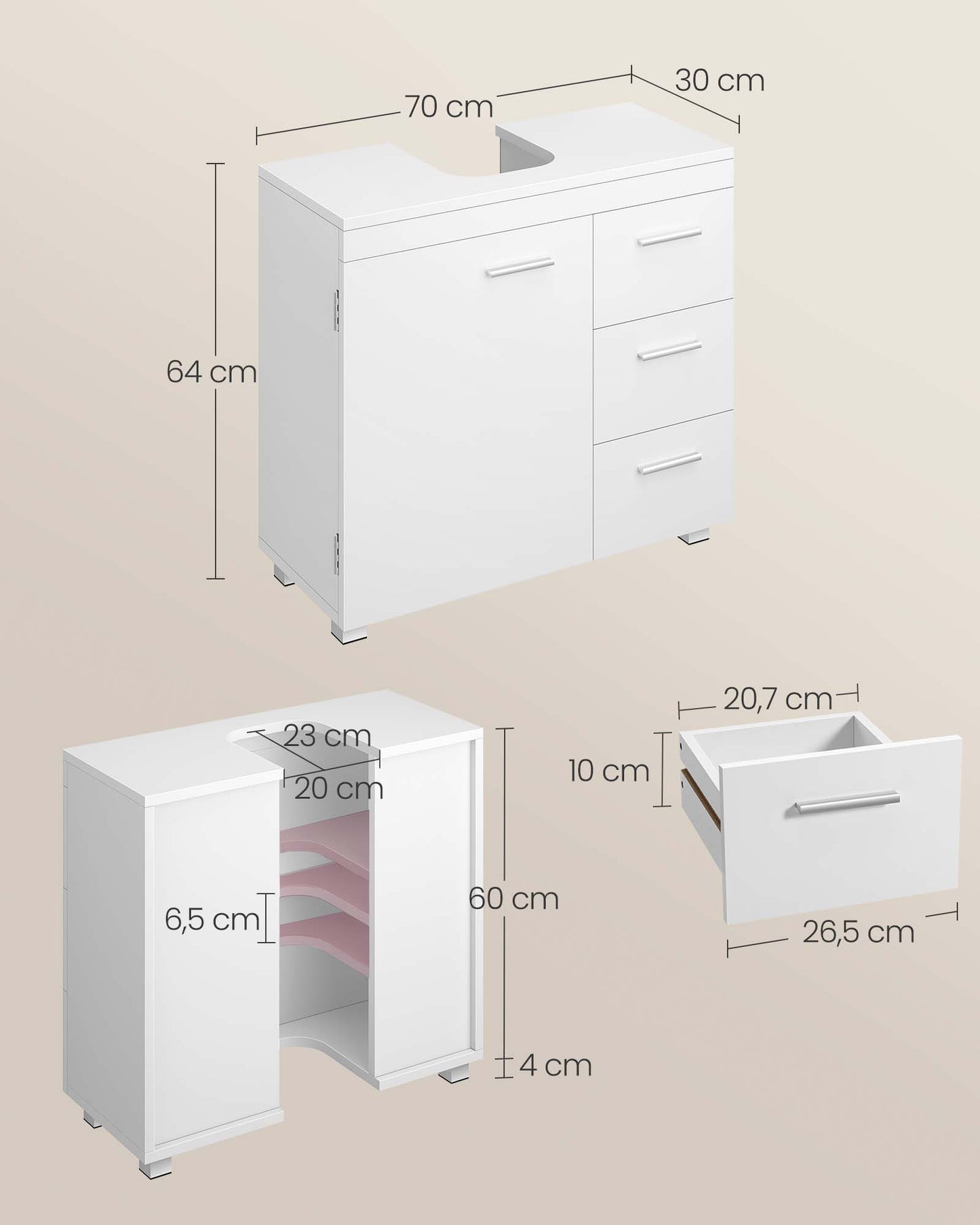 Mueble Bajo Lavabo Armario de Baño 30 x 70 x 64 cm Blanco Nube-VASAGLE