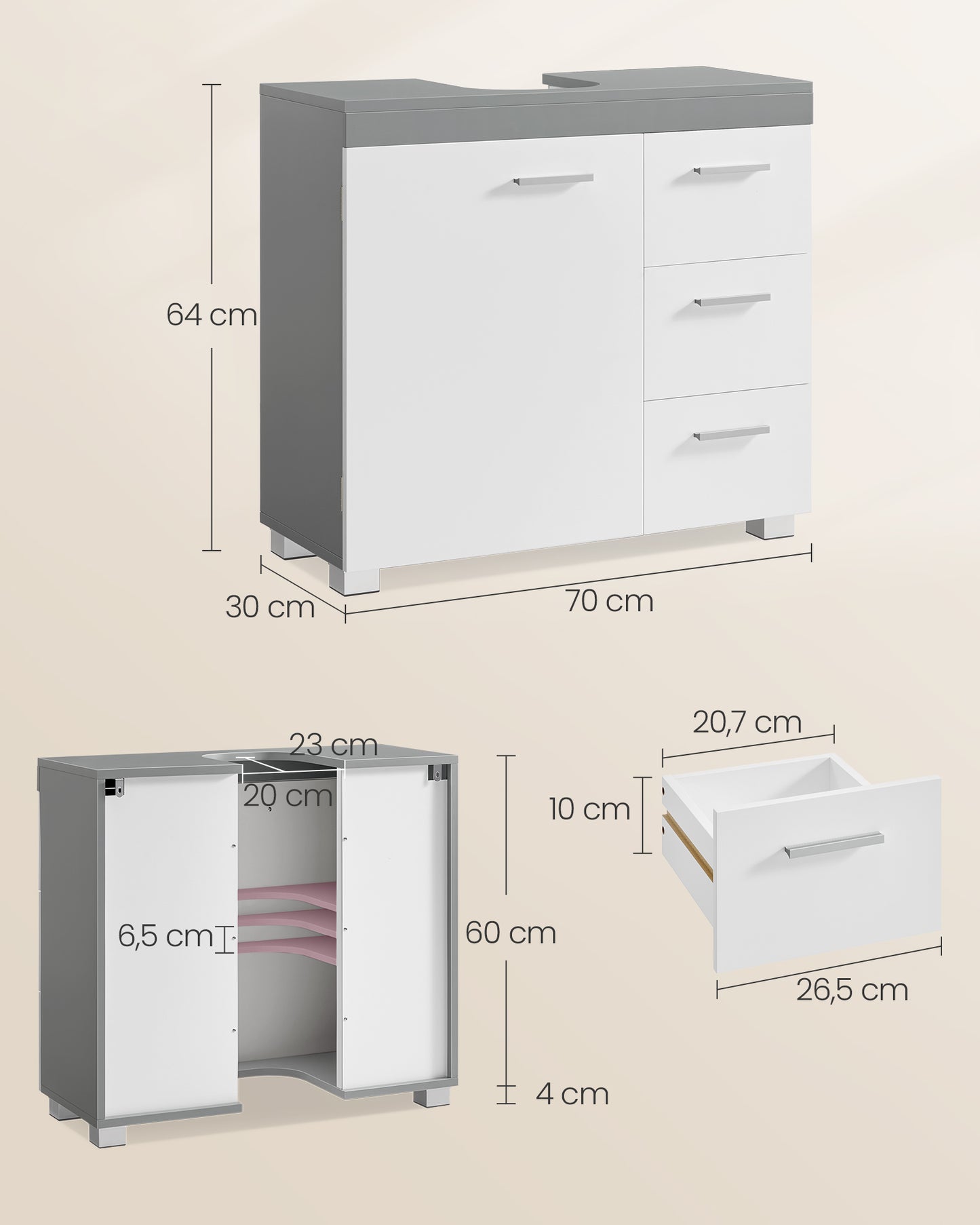 Mueble Bajo Lavabo 30 x 70 x 64 cm Blanco Nube y Gris Paloma-VASAGLE